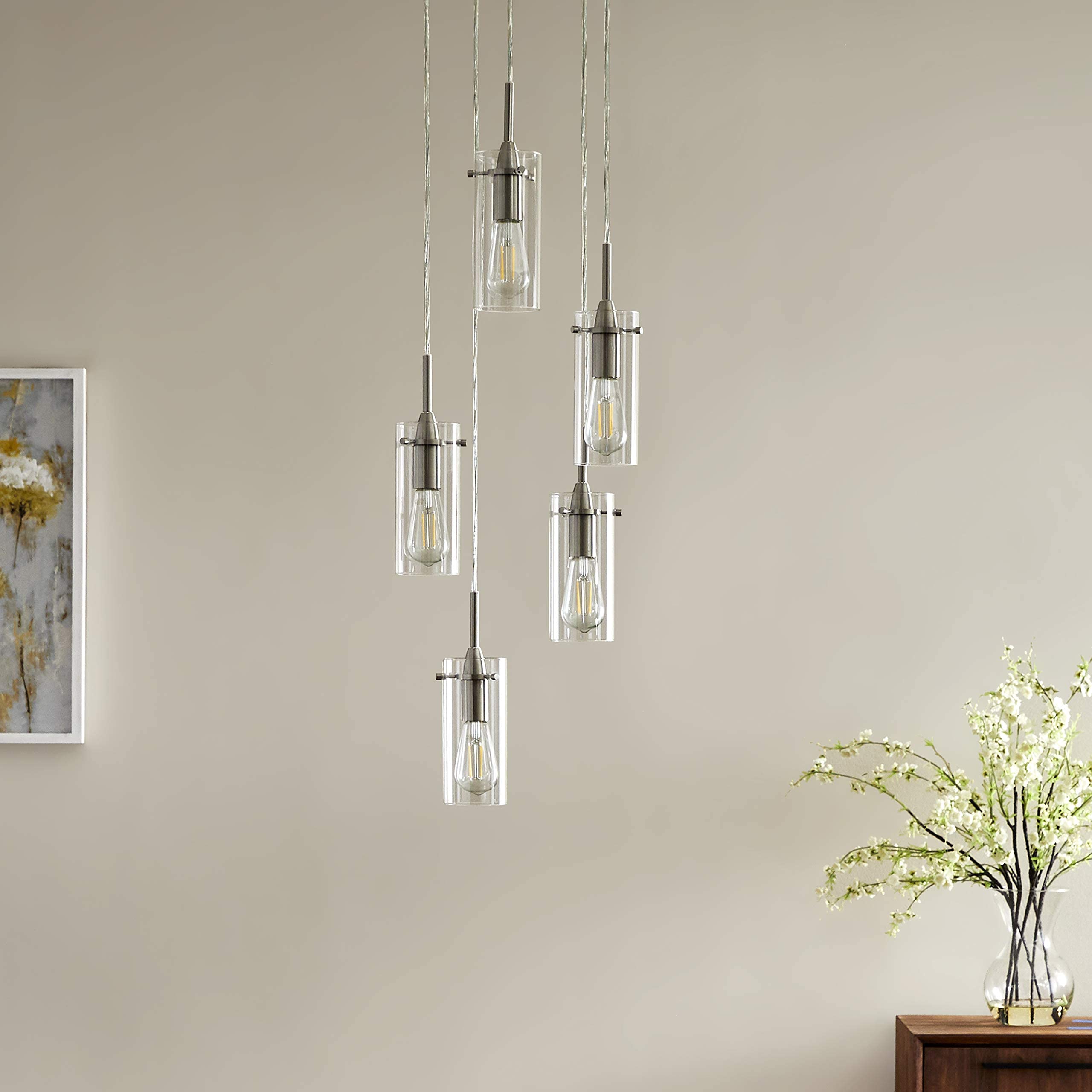 Linea di Liara 5-Light Brushed Nickel Cluster Pendant Chandelier - Modern Stairwell Lighting for High Ceilings & Entryways