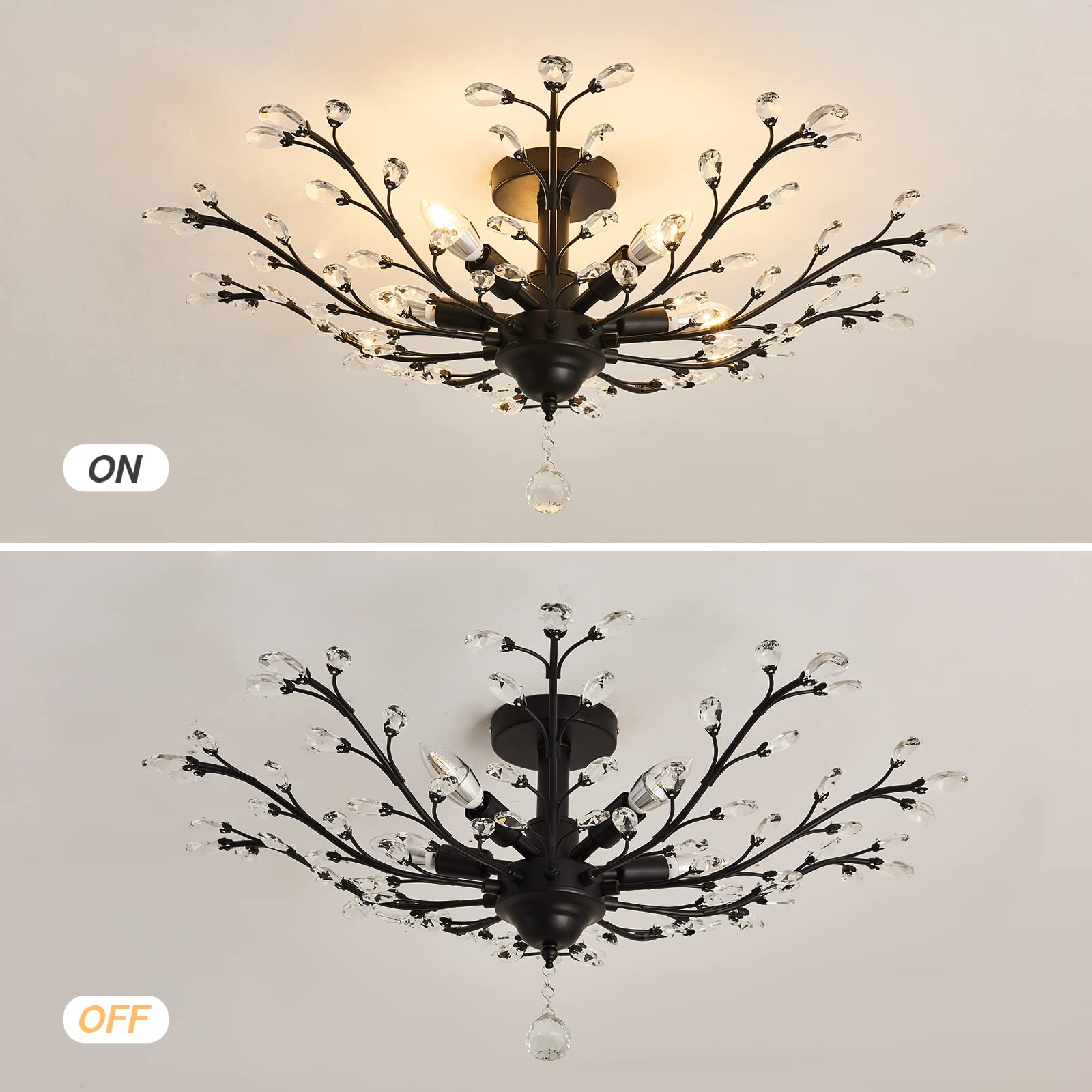 CVKASH 5-Light Vintage Crystal Chandelier Metal Semi Flush Mount 29.9 Inch Black Y-92