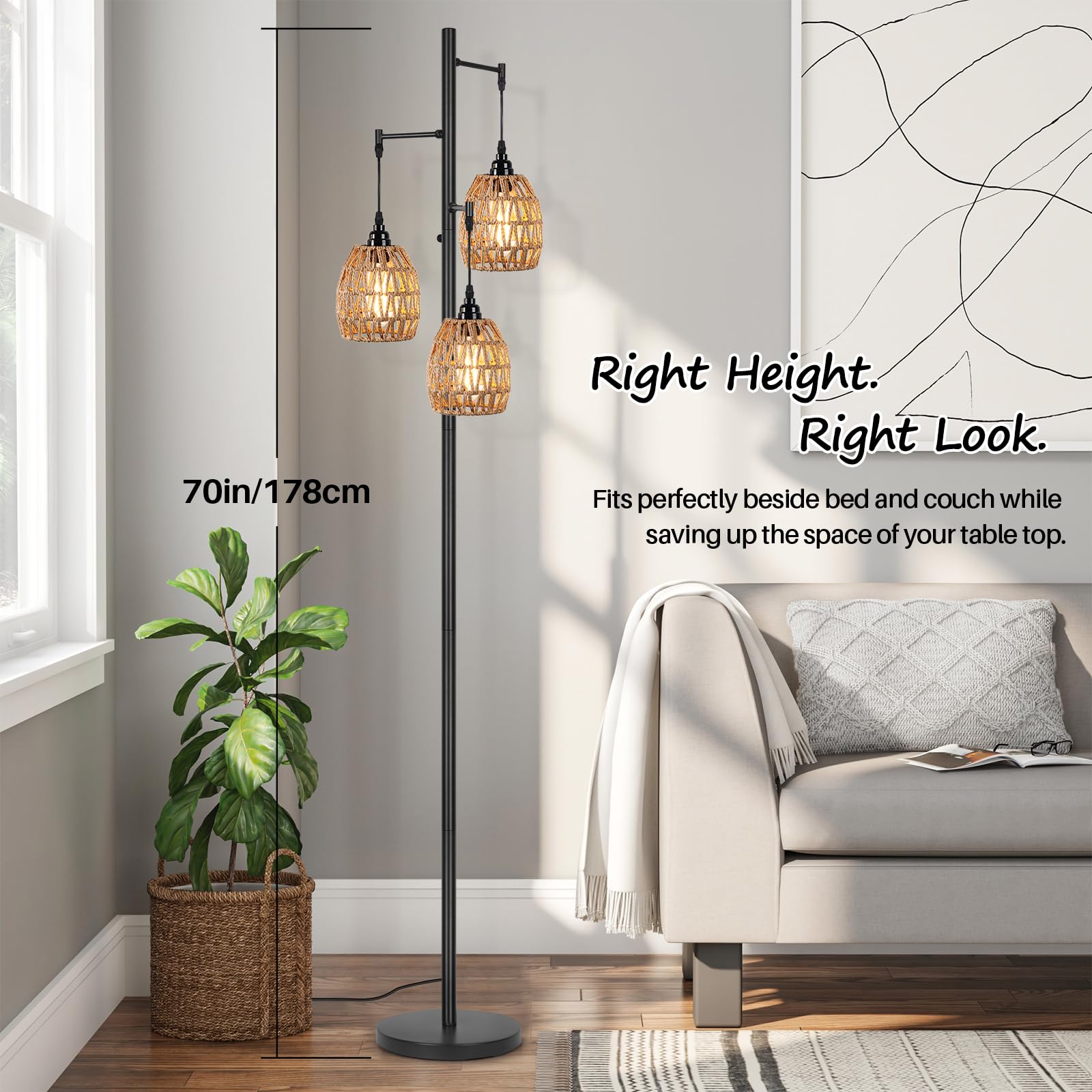 Brighthome Boho Rattan Floor Lamp, Standing Lamps For Living Room,Dimmable Floor Lamp With Cage Shade, Industrial Farmhouse Floo
