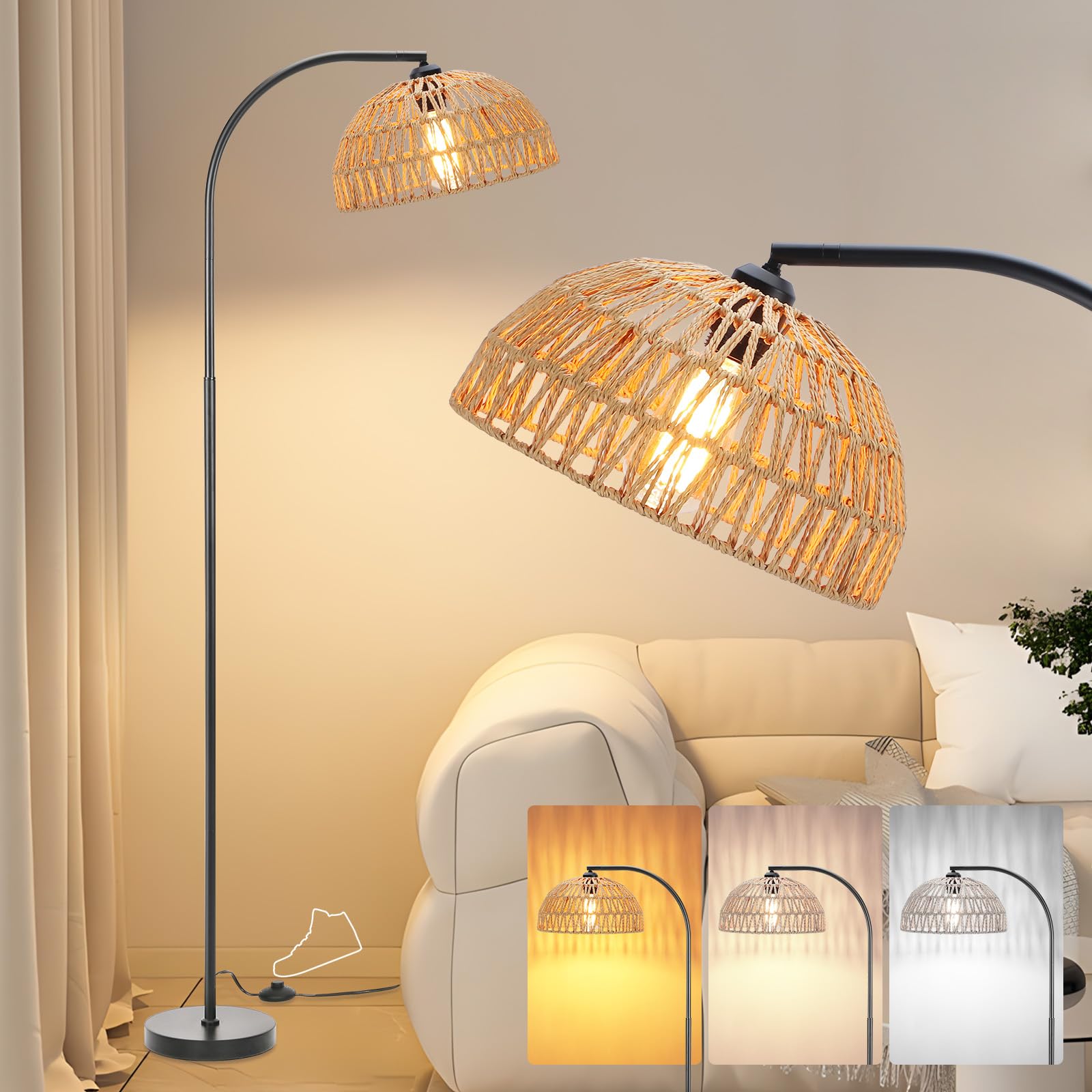 Oyxon Boho Arc Floor Lamp For Living Room With Rattan Lampshade, 65In Farmhouse Vintage Tall Lamp With Foot Switch, Bohemian Sta