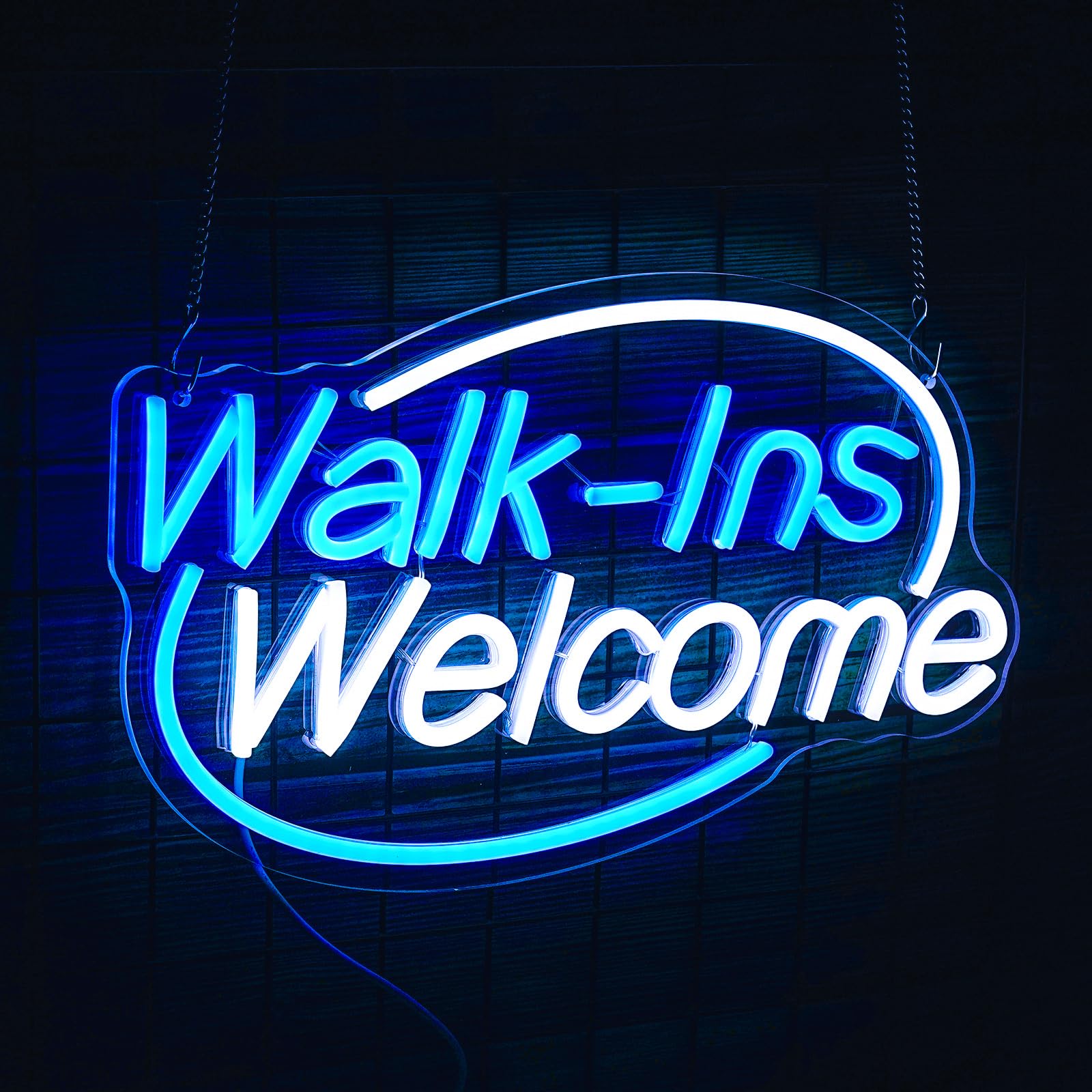Noasktt Walk-Ins Welcome Neon Sign, Blue + White LED, 16.5x9.4in Acrylic Wall Decor for Game Room, Bedroom, Restaurant, Party