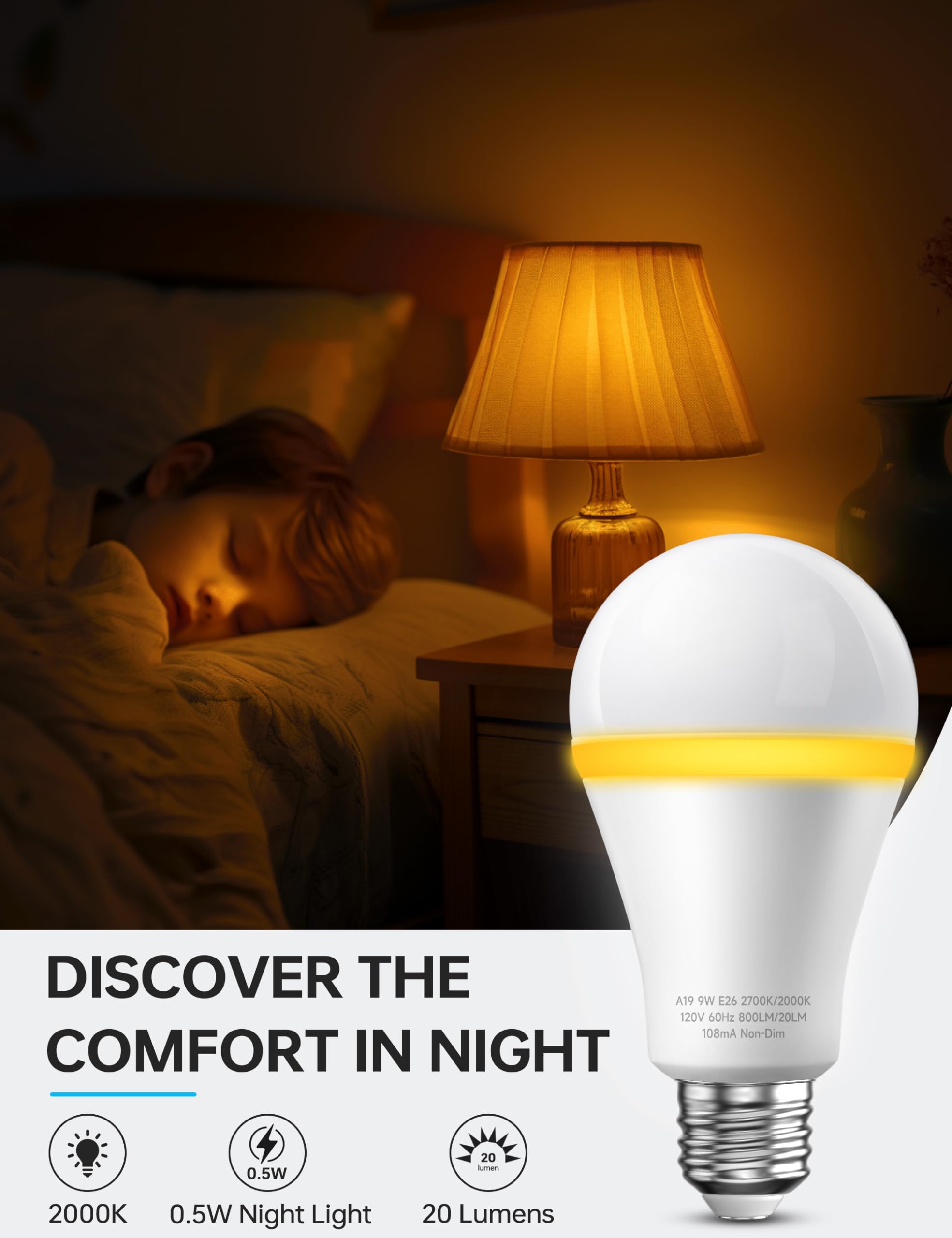 Kindeep Light Bulbs, E26 Blue Light Blocking Dim Bulbs With 2 Modes, 0.5W Amber Light With 20Lm 2000K, 9W Equivalent 60W, 800Lm