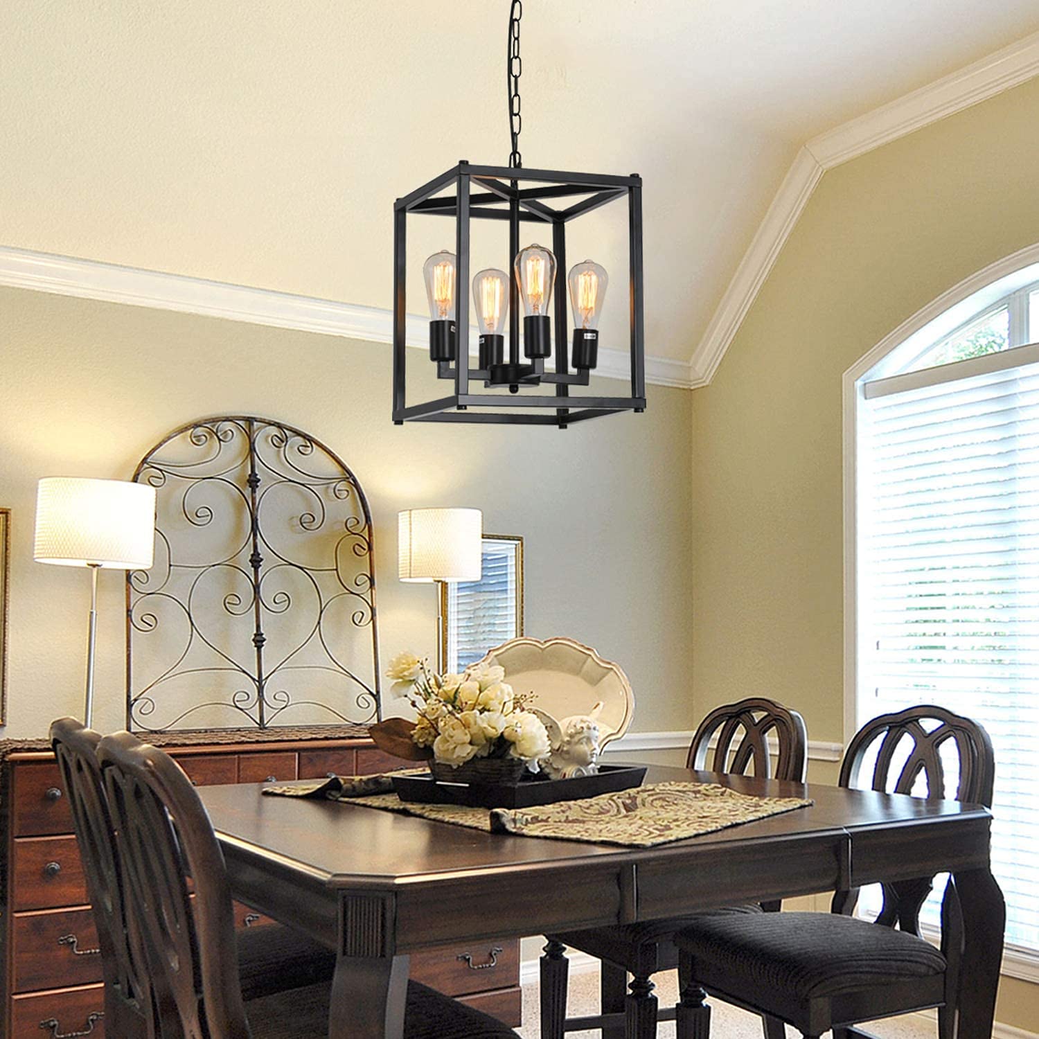 Lanhall 4-Light Farmhouse Chandelier, Adjustable Height, Metal Cage, Black Pendant Lighting for Kitchen, Dining Room, Living Room, Bedroom