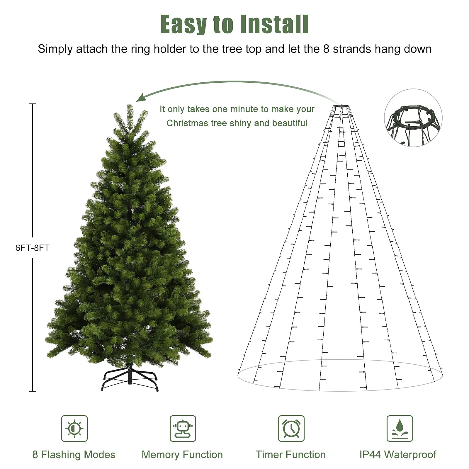 Salcar 6.6Ft X 8 Strands Easy To Install Christmas Tree Lights With 8 Modes Memory Timer Function, 280 Leds Ul Certified Ultra-B
