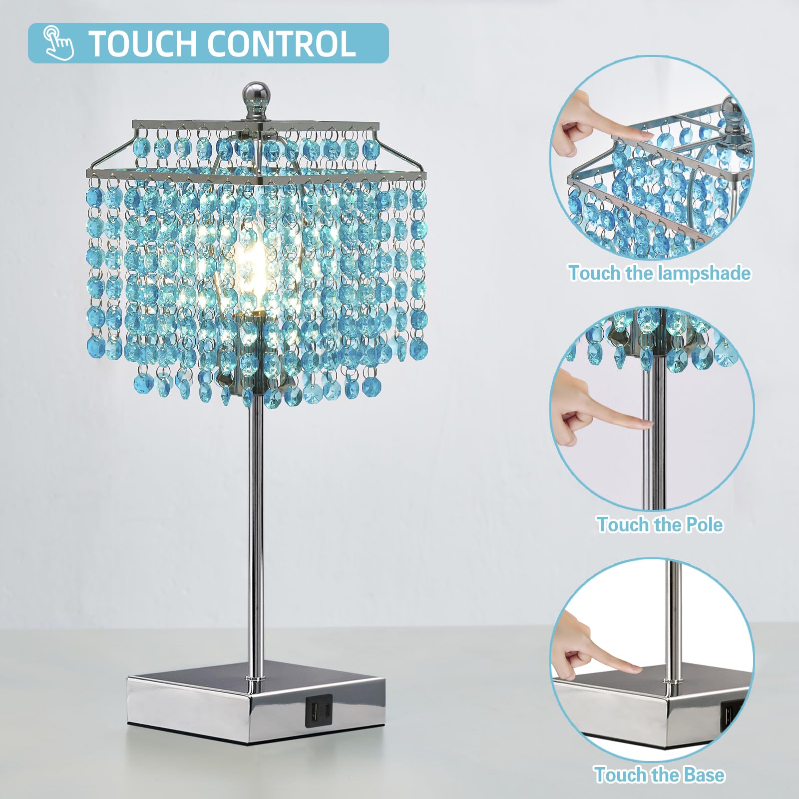 Luvkczc Crystal Table Lamp With Touch Control, Bedside Crystal Table Lamp With Usb C+A Ports, 3-Way Dimmable Lamp With Crystal S