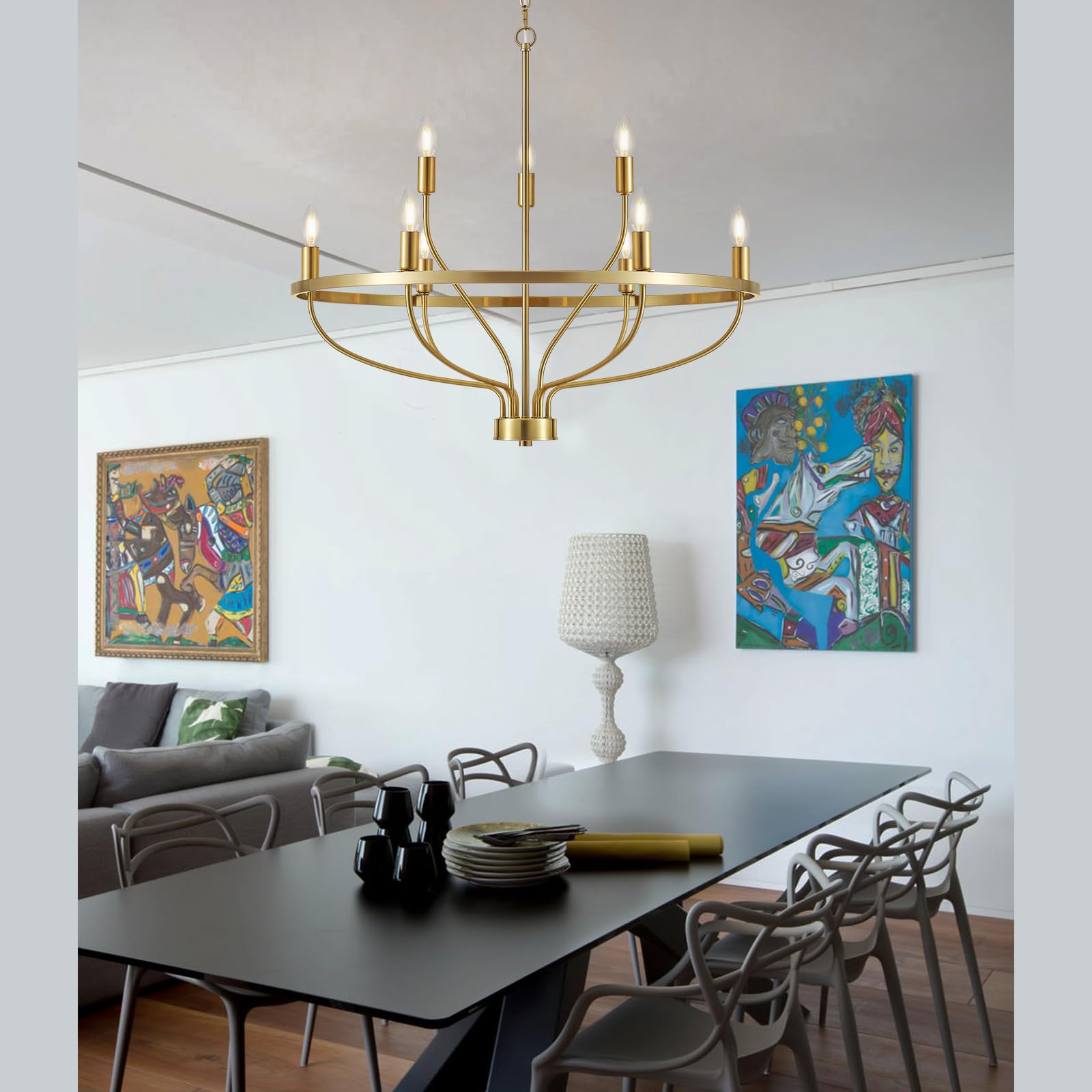 Widluth 30" Gold Chandelier Fixture - 9-Light Mid Century Candle Style for Dining Room, Kitchen Island, Living Room, Model MD1009-9-gold