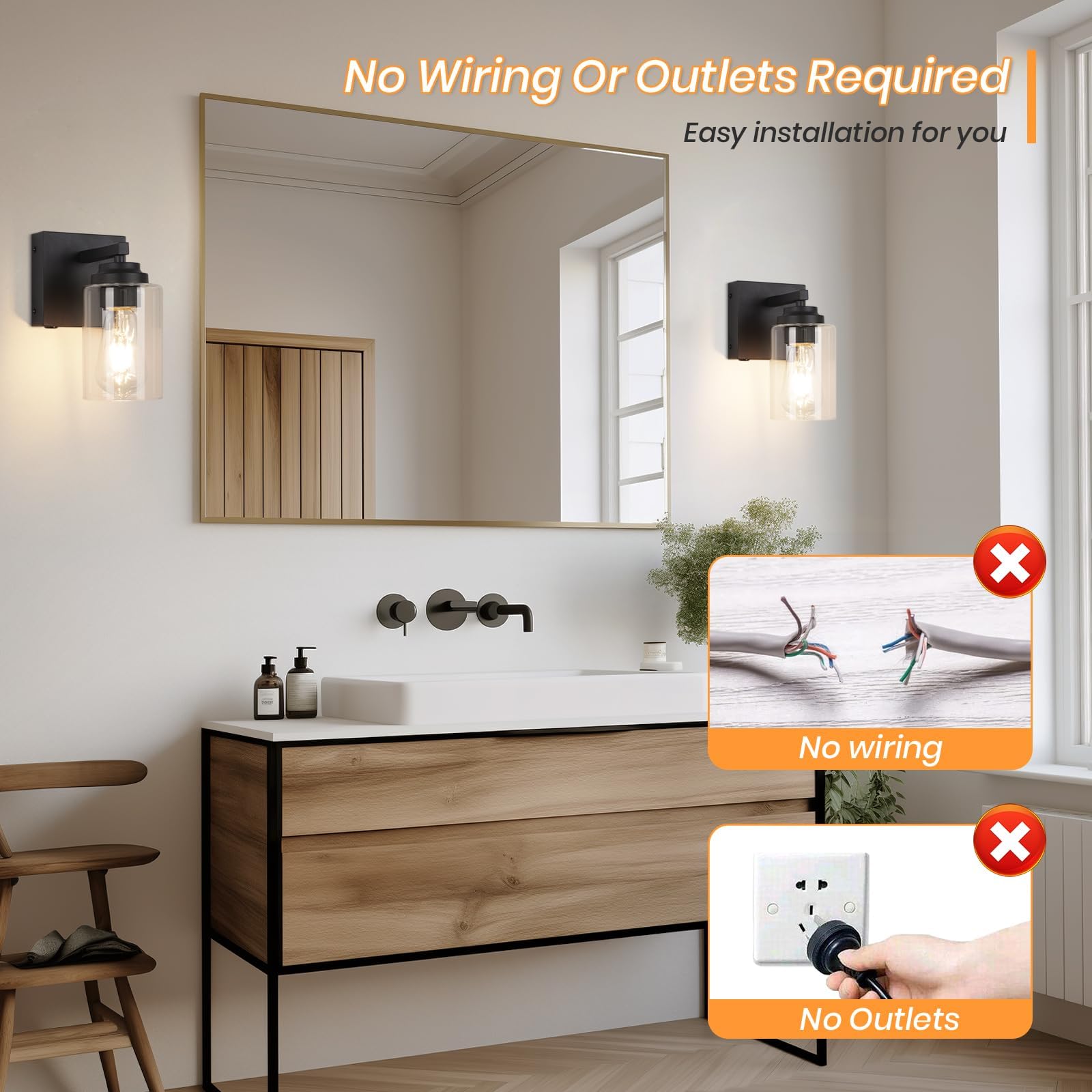 Loiogohot Wireless Battery Operated Wall Sconce Set of 2, Infinitely Dimmable with Remote Control, Black, Model WL-BN2416