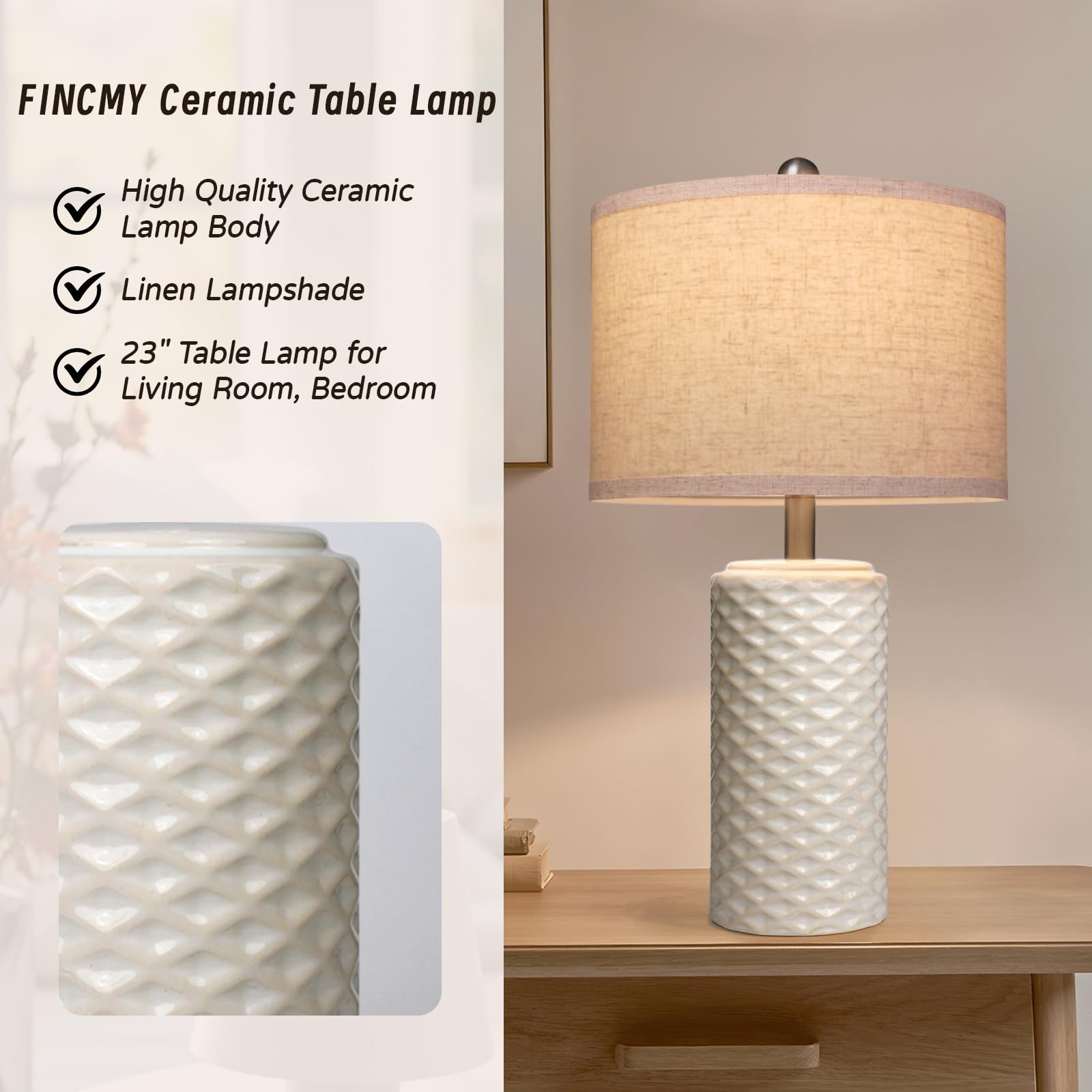 FINCMY 23in Dimmable Ceramic Table Lamps Set of 2, Beige, LED Bulb Included, Modern Farmhouse Design for Bedroom and Living Room