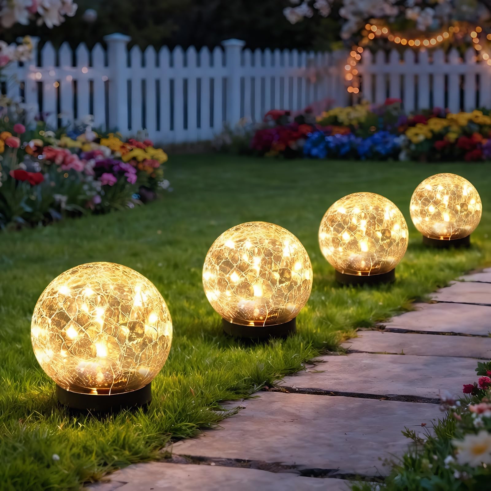 SyouHome Solar Garden Lights Outdoor Waterproof, 4 Pack LEDs Cracked Glass Ball Light, Ground Landscape Garden Decor, Solar Glob