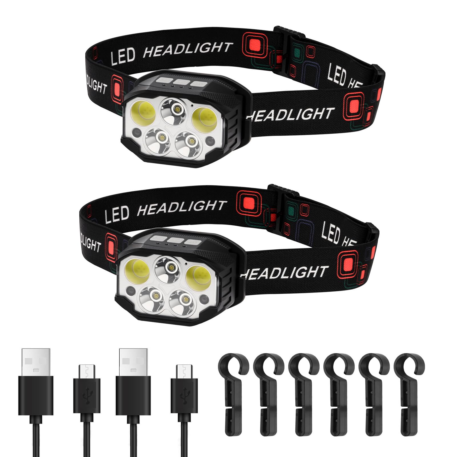 VEVOR 2 Pack Headlamps, Bright LED Rechargeable Headlight, Lightweight Head Flashlight with 12 Lighting Modes & Motion Sensor, A