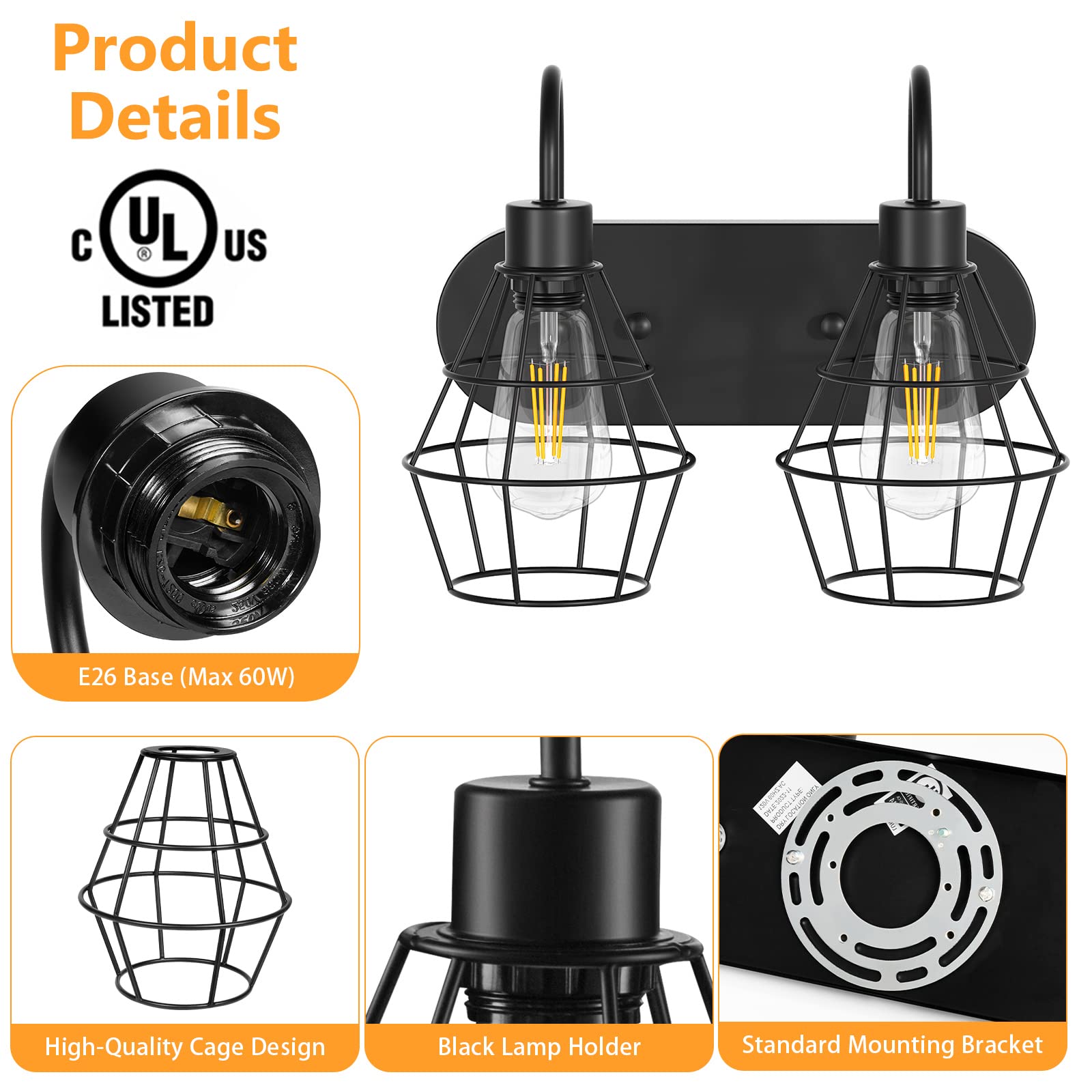 Elibbren 2-Light Bathroom Vanity Light Fixtures, Black Metal Cage Wall Sconces, Model KX-UR1O-6NXR_2L