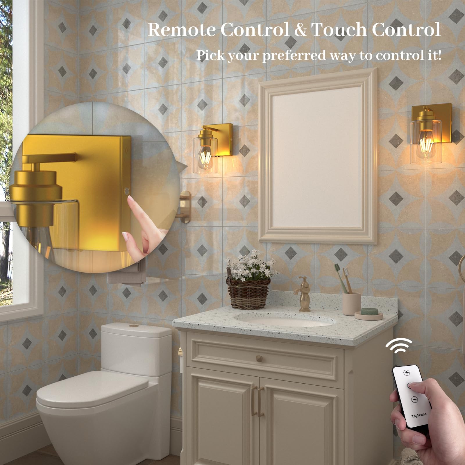 ThyFenno Battery Operated Wall Sconce Set of 2, Dimmable, Remote Control, Brass, Metal, Model TF-1T T2L
