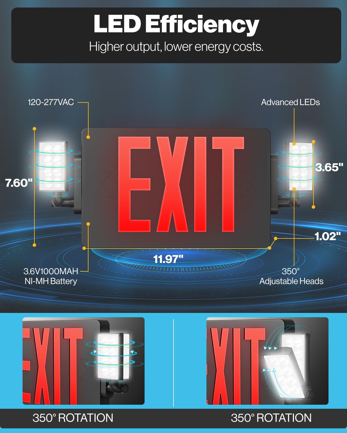 Sunco Lighting Exit Signs with Emergency Lights, 6 Pack, Adjustable LED, Black, Model EX_2H-BLACK-6PK, Fire Resistant, Wall/Ceiling Mount
