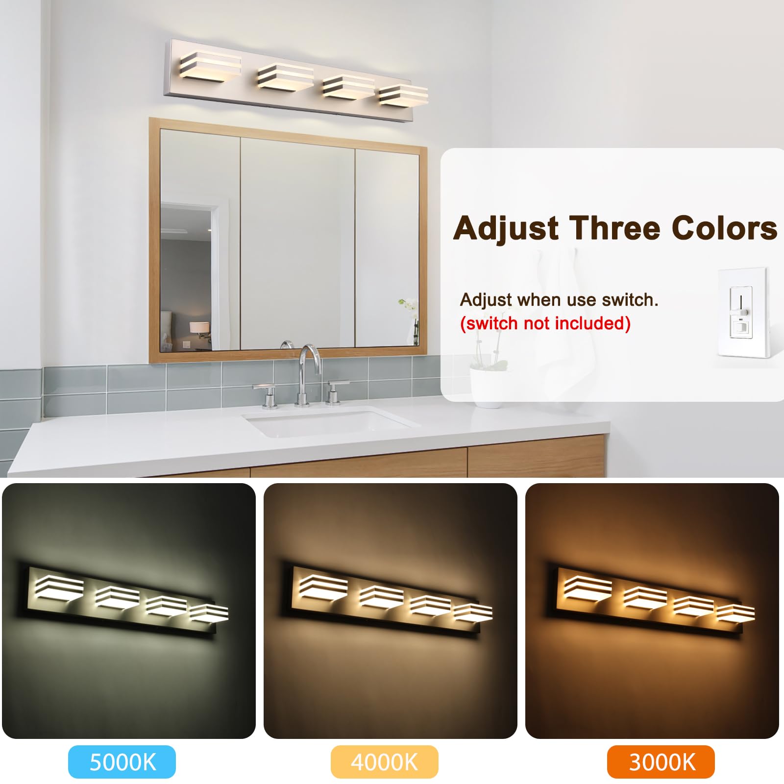 Yumcrelect Brushed Nickel Vanity Lights For Bathroom Light Fixtures (3-Light  20-Inch) Adjust 3 Colors Modern Bath Lighing Fixture Over Mirror Led Vanity Lighting