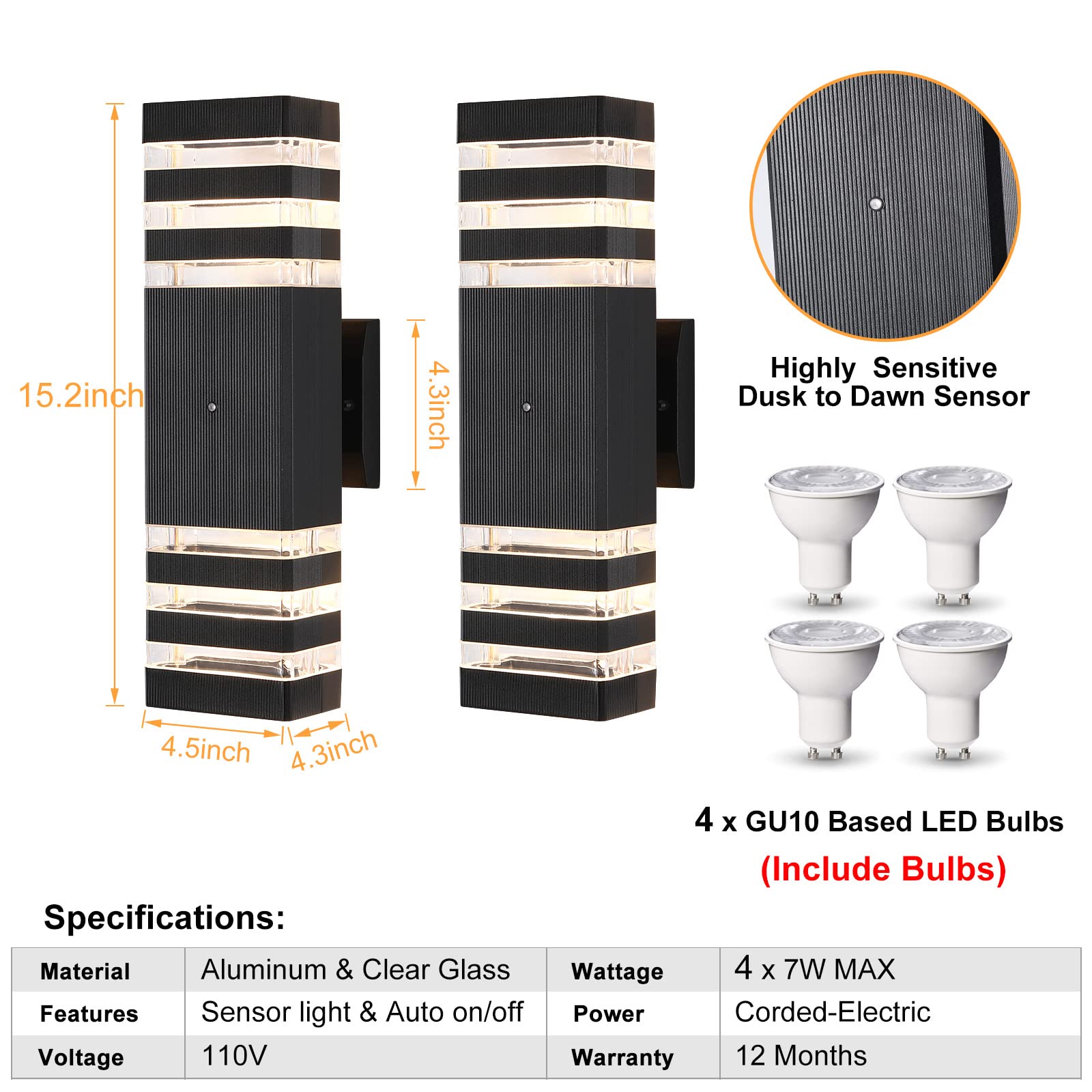 TEBLAMPUE Dusk to Dawn Outdoor Wall Sconces 2 Pack, 3000K Warm White, Anti-Rust, Black, Aluminum, Model TEBOWLS3-2