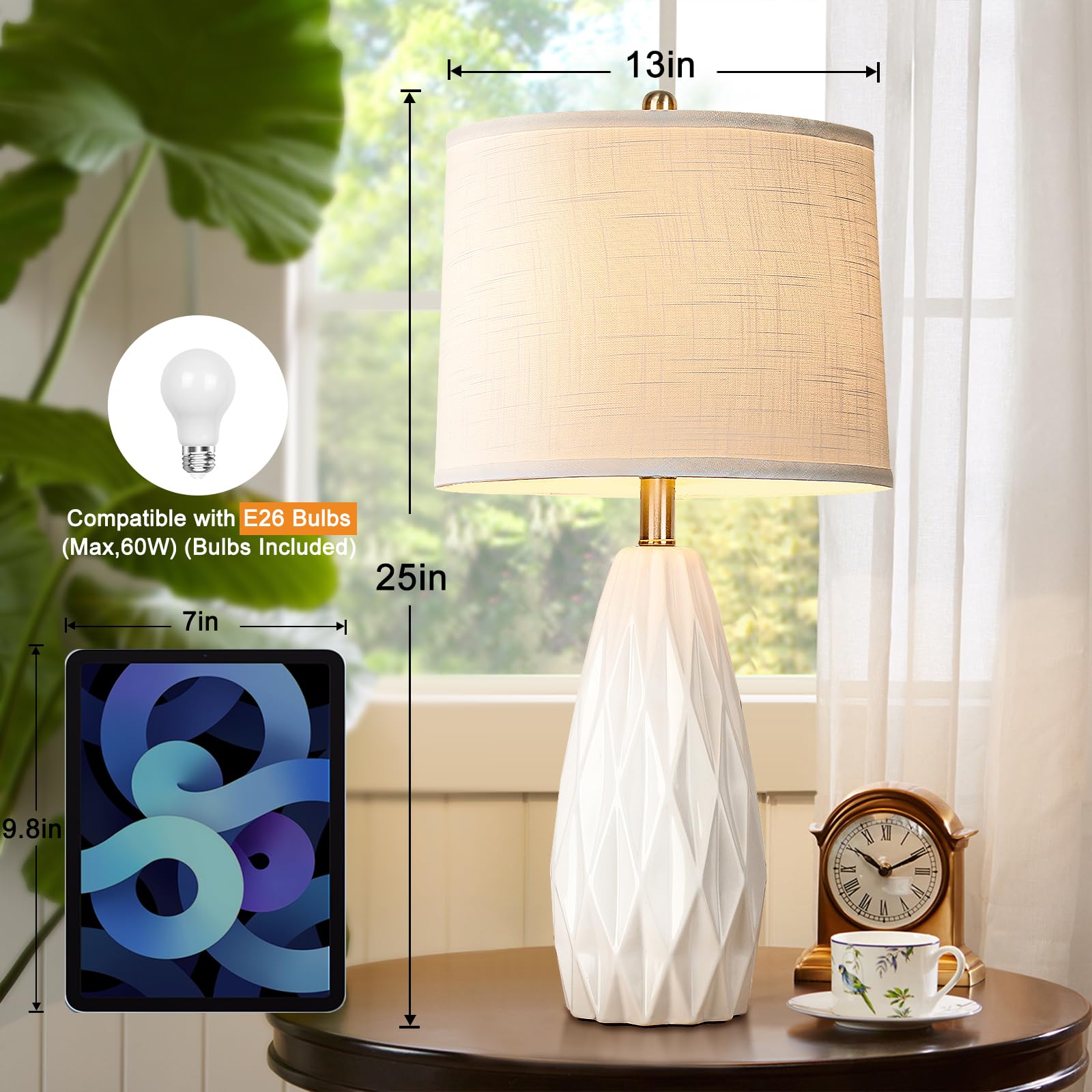 Kunruitai 25'' Geometric Lamp White Cream Table Lamps Modern Ceramic Lamp For Night Stand - 3-Way Dimmable Bedside Lamps For Nig