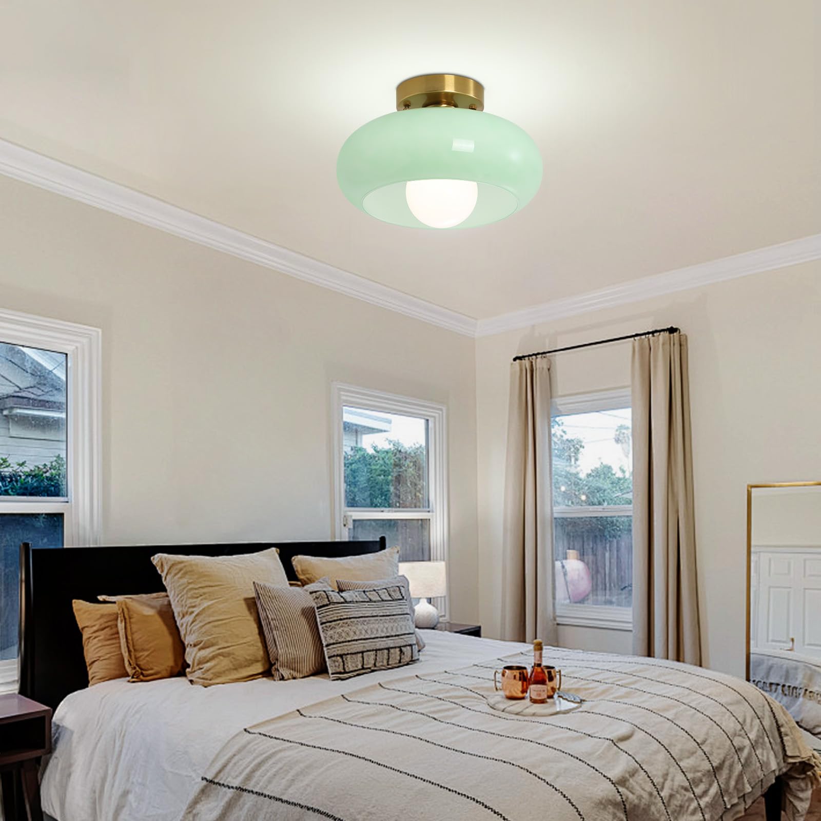 Yunnix Flush Mount Ceiling Light Glass Fixture 11.02 inch Mint Green Gold Base for Bedroom Kitchen Dining Room Hallway