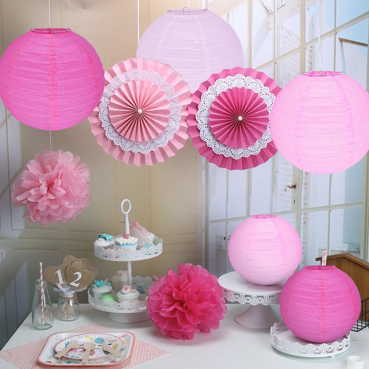 Peywot 10Pcs Paper Lanterns for Home Decor, Weddings, Parties, 16 Inch, Pink Series, Model DL-16in-Par