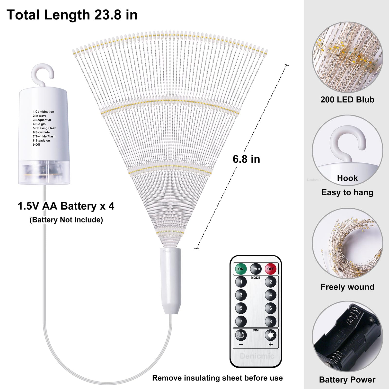 DenicMic Firework Lights 200 LED Copper Wire Starburst Light, 8 Modes Battery Operated Fairy Star Sphere Lights with Remote, War