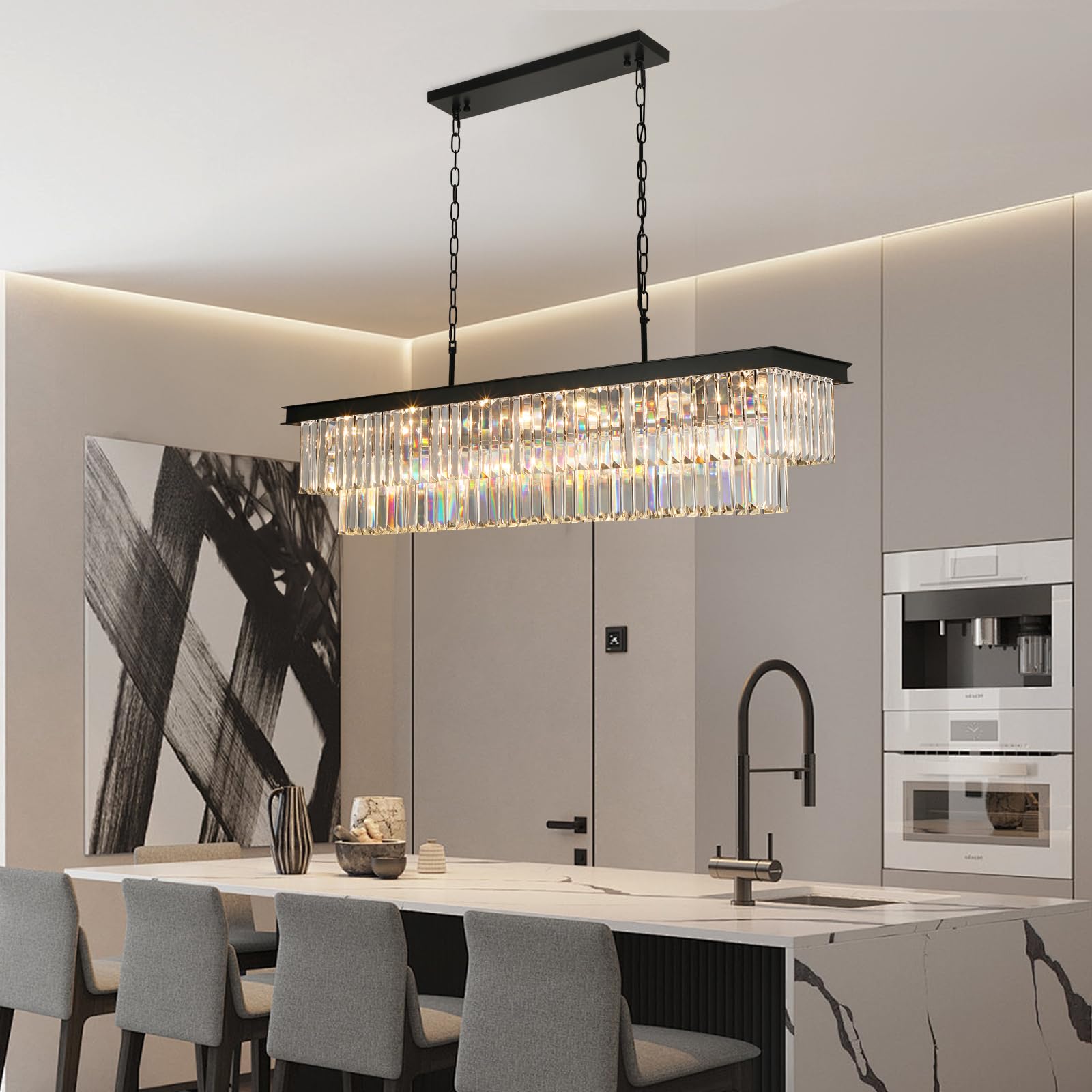 Weesalife Crystal Chandeliers, 18-Lights Black Modern Rectangle, L46", for Dining Room & Kitchen Island, Model A8828