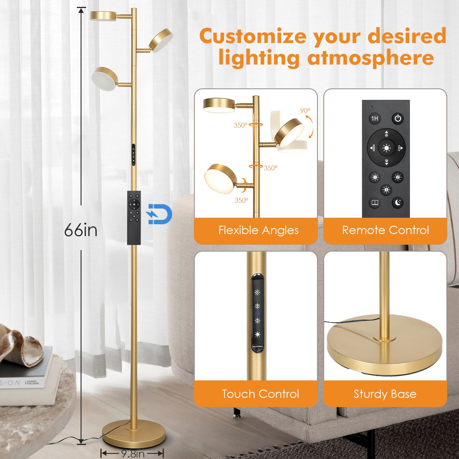 JUNNAI Gold Floor Lamp - Modern LED Tree Lamp with Remote, Dimmable, 4 Color Temperatures, 3 Adjustable Lights for Living Room, Bedroom, Office