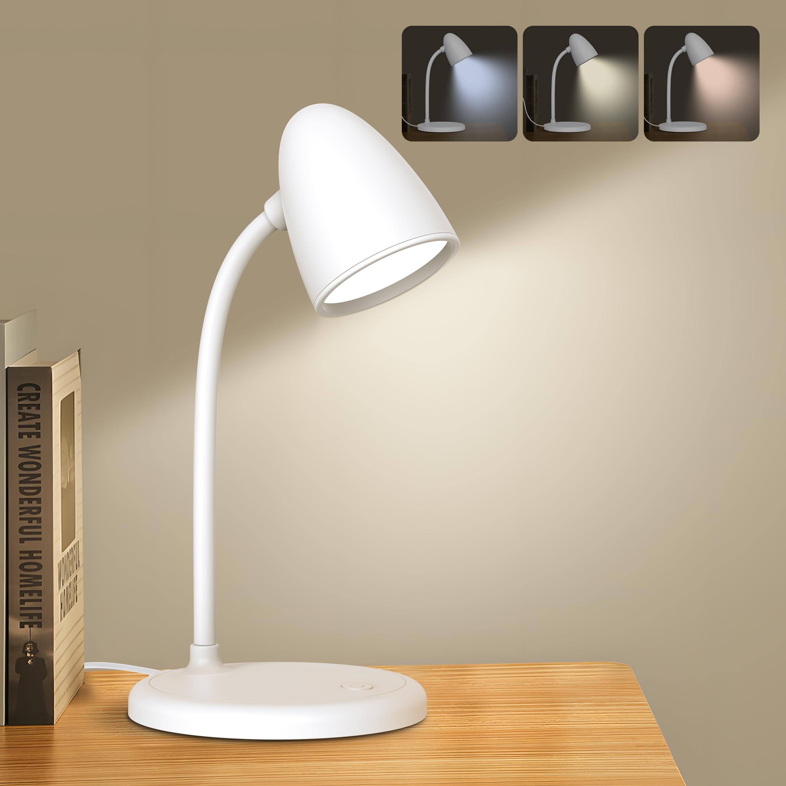 RORENSE LED Desk Lamp for Home Office,3 Light Colors,Flexible Gooseneck Table Lamp,Dimmable Reading Light for Bedside Small Desk