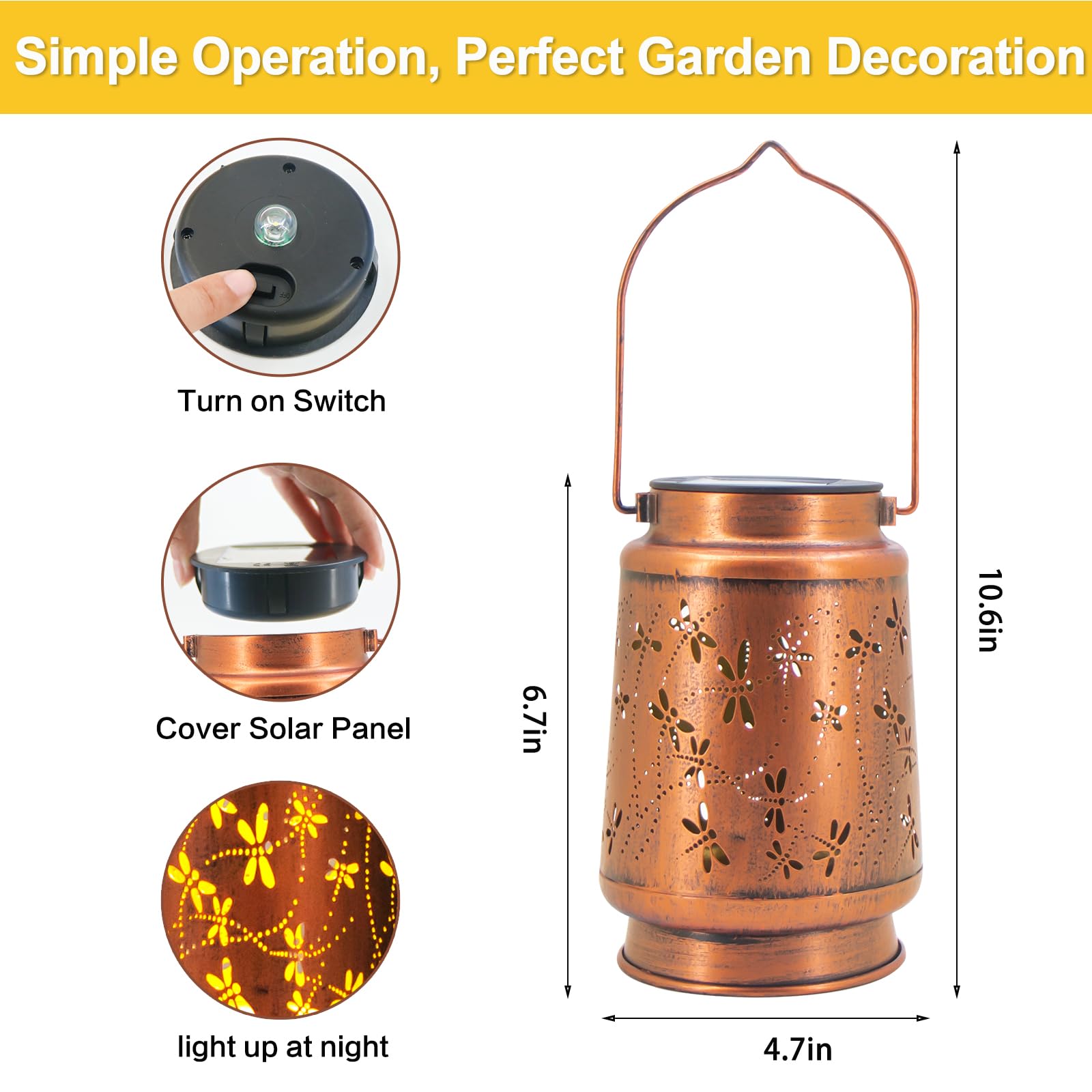 4 Packs Solar Lanterns Outdoor Hanging Lantern Lights, 4 Dragonfly Hollowed-Out Metal Decor Lantern, Waterproof Led Decorative G