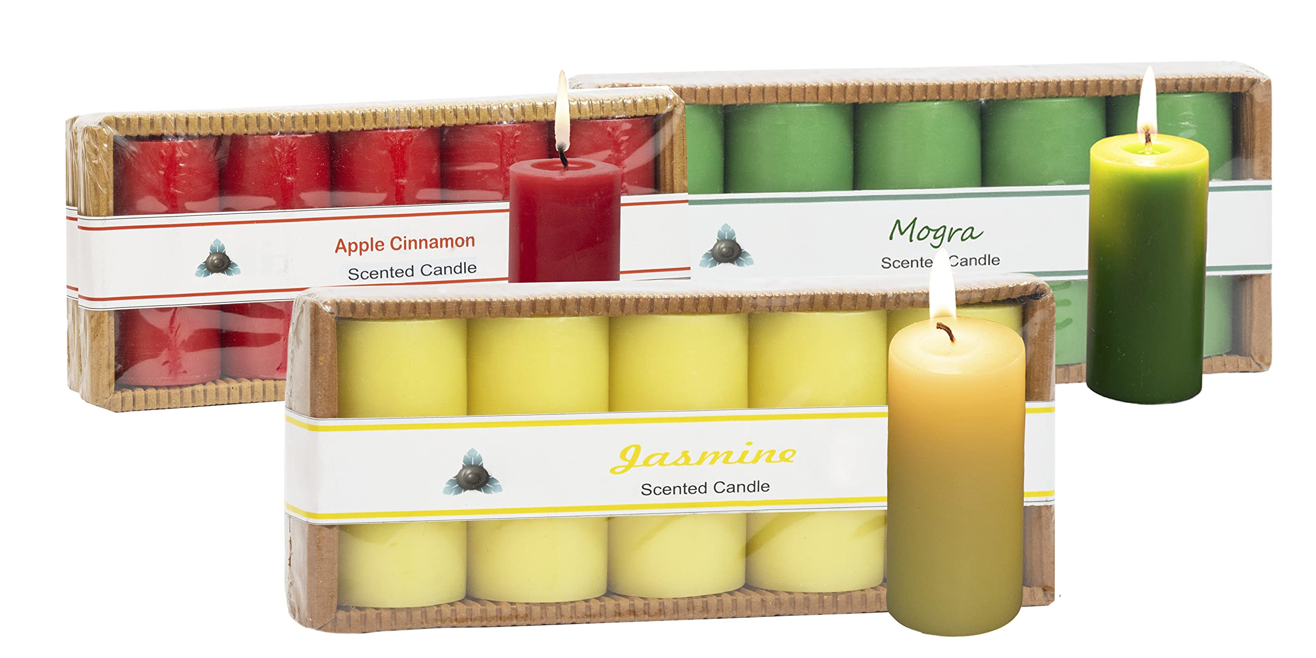 Stone & Feather, (Combo Pack), Scented Candles Apple Cinnamon, Mogra and Jasmine, Burning Time- 10-12 Hours, for Home Decoration
