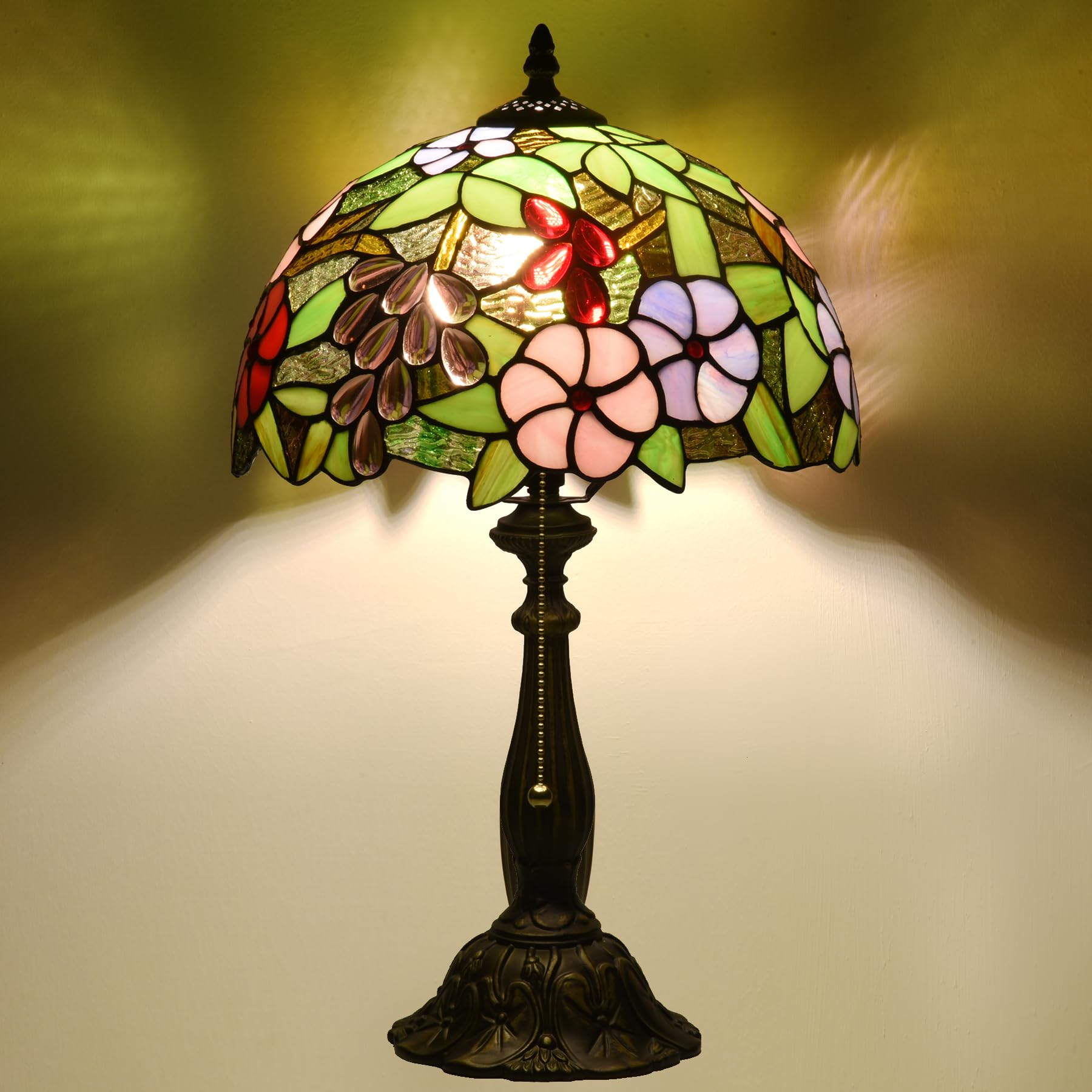 Msrzuds Tiffany Style Green Stained Glass Table Lamp, Purple Grape Colorful Blossom Desk Light with Antique Bronze Resin Base, D