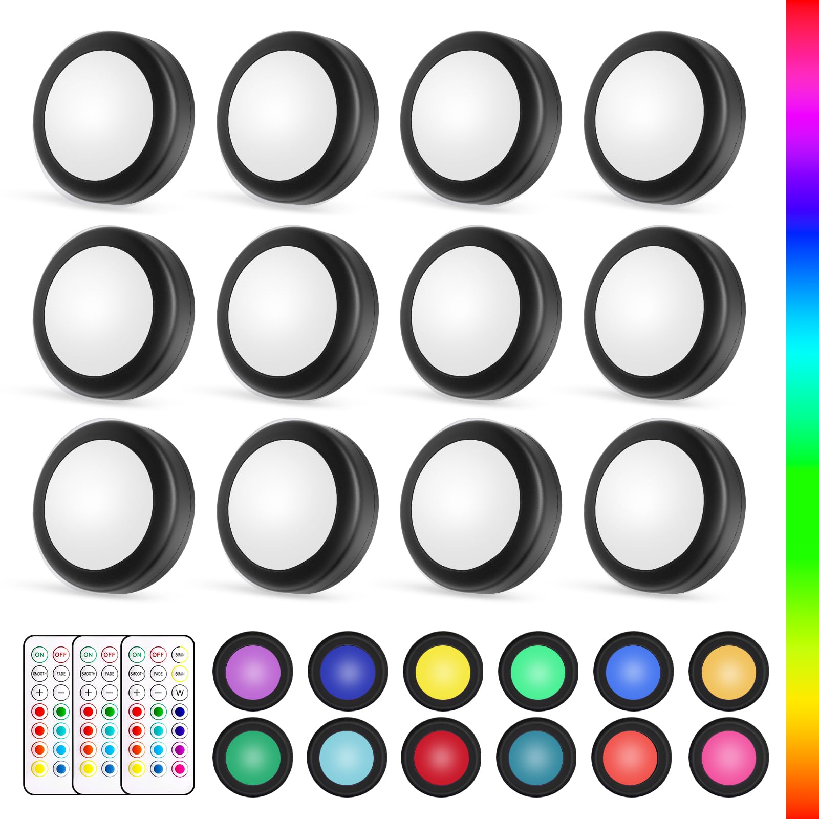 Yiliaw LED Puck Lights with Remote Control, AA Battery Operated, 12 Color Closet Lights for Under Cabinet & Counter, Push & Tap 