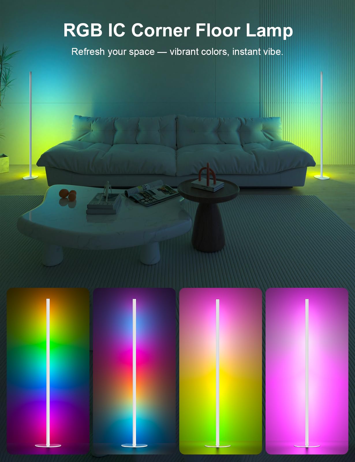 White Corner Floor Lamp, LED Corner Lamp 2 Pack with Remote and APP Control, 16 Million Colors & Timing Function, 55 Color Chang