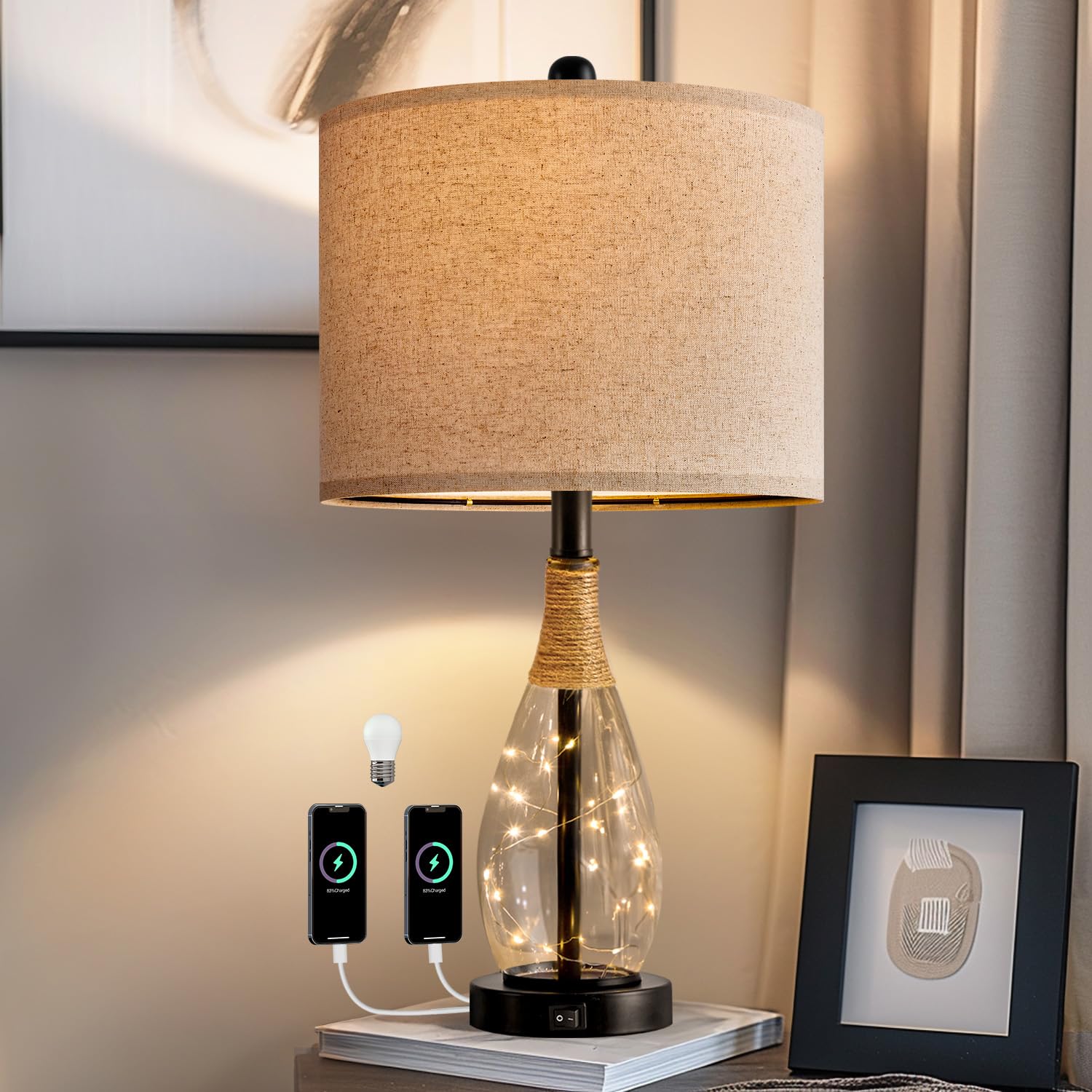 OYEARS USB A+C Table Lamp, Modern Black Rattan Glass Nightstand Lamp, 23in, Two Light Points, Farmhouse Style
