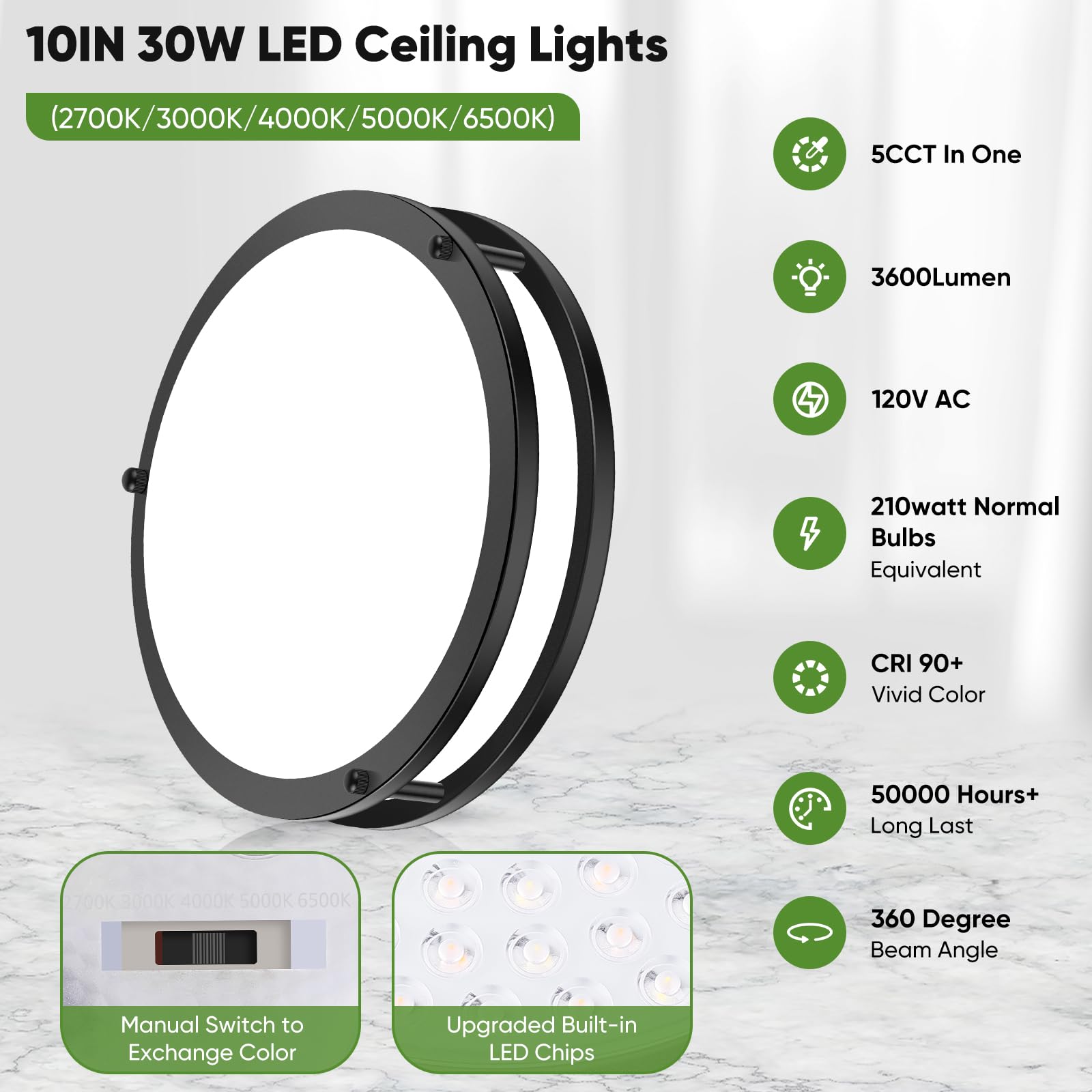 TOBUSA 10 Inch LED Flush Mount Ceiling Light Dimmable Black Metal Fixture 5 Color Adjustable Model 62425008-04