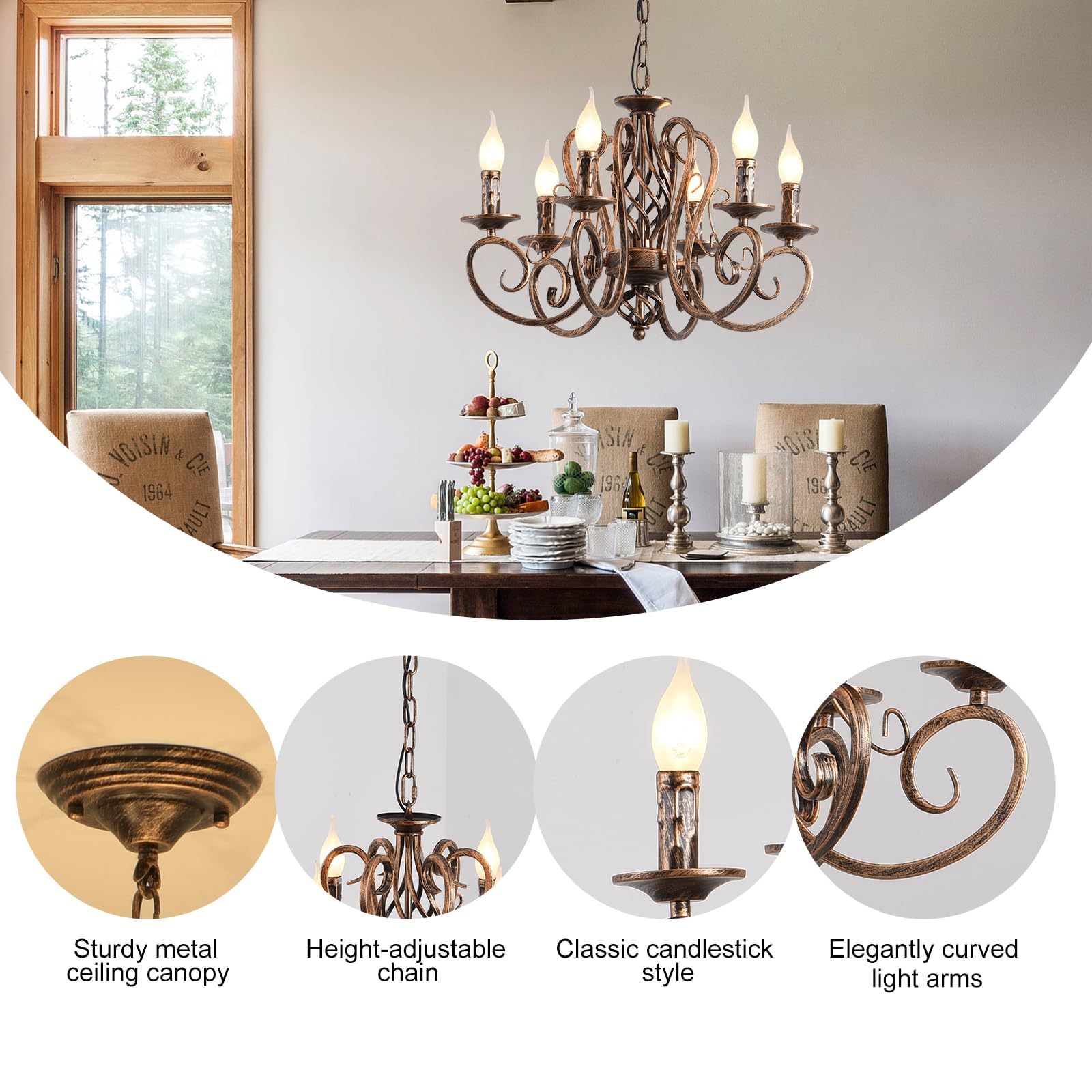 Ganeed French Country Chandeliers,6 Lights Candle Wrought Iron Chandelier,Rustic Farmhouse Pendant Light Fixture Hanging Lightin