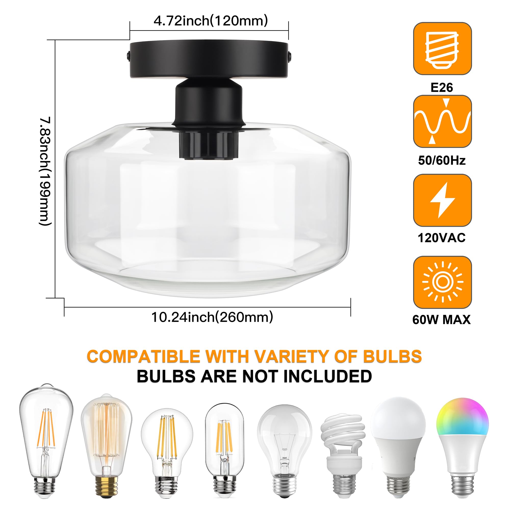 MAXvolador Semi Flush Mount Ceiling Light, Extra Large, Clear Glass, Black, Model OMTZT-027