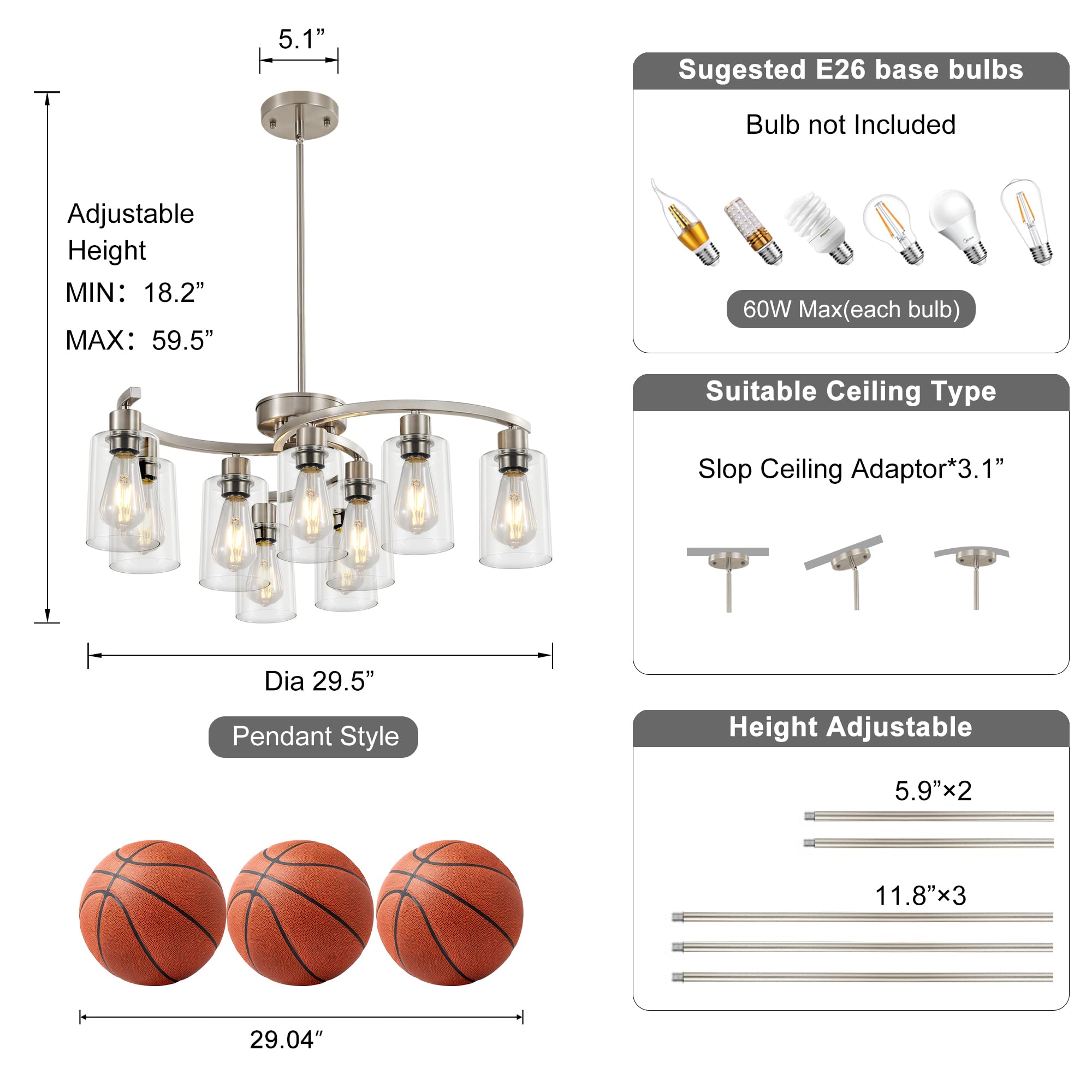 Sigaitwei 9-Light Brushed Nickel Kitchen Light Fixtures