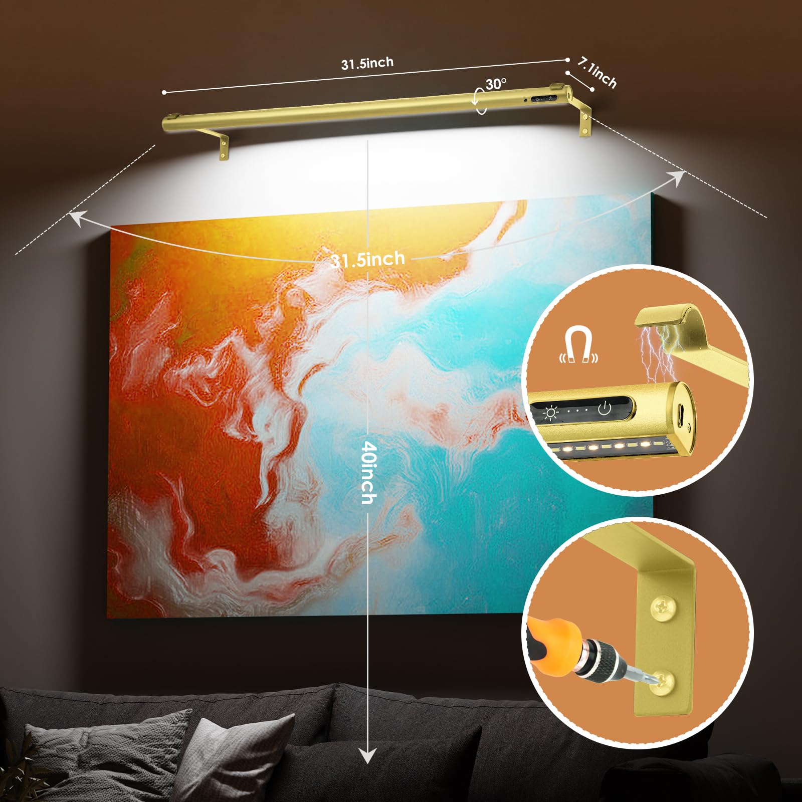 Eayoyae Battery Operated Wireless Picture Light,Rechargeable/Plugged In 31.5Inch Painting Display Light,Remote Control Wall Lights With Three Modes And Timing For Art Frame (Gold)