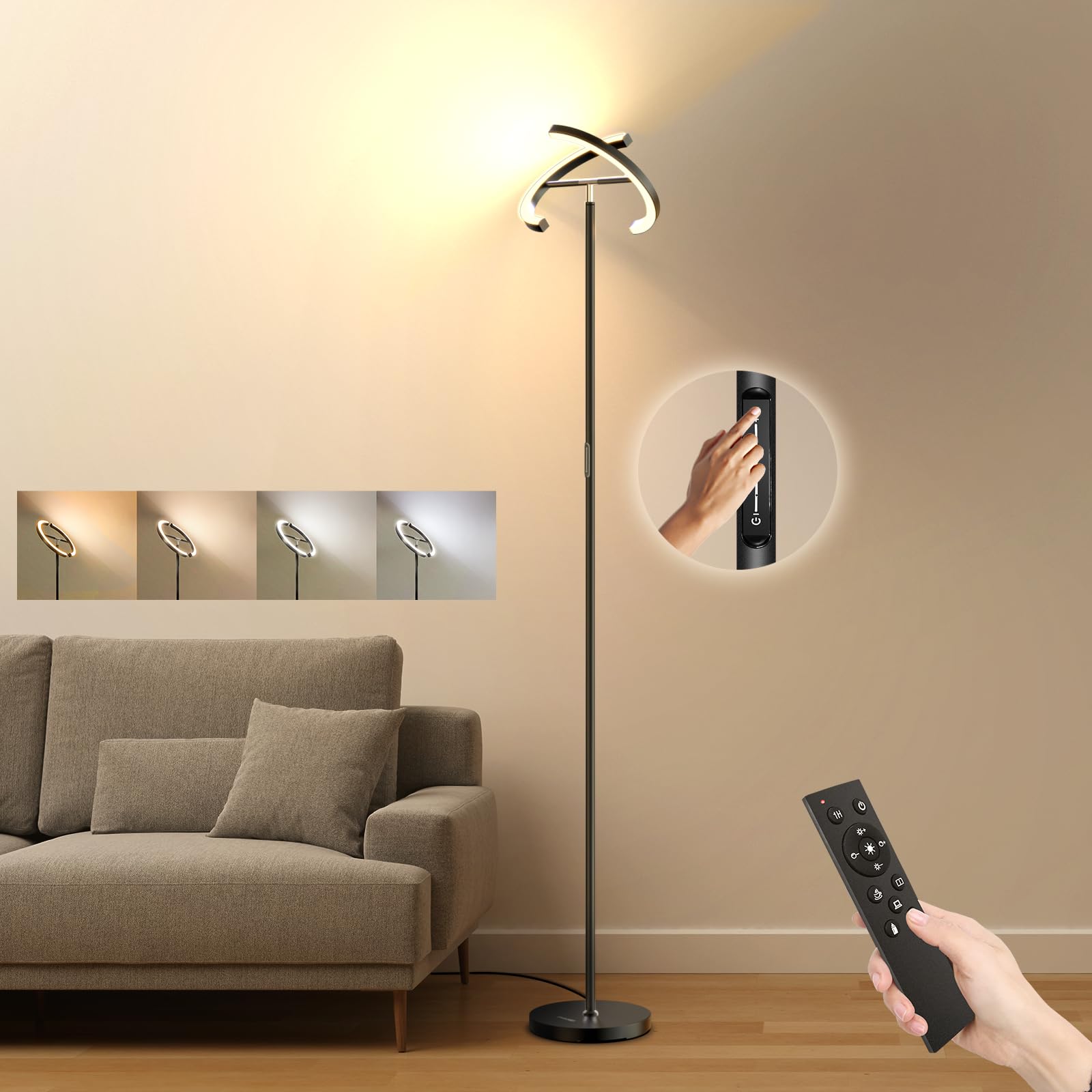 FIMEI Modern LED Rotatable Floor Lamp, Eye-Protection, Stepless Dimming, 3000K-6000K, Black, Model: 03662e1d-088f