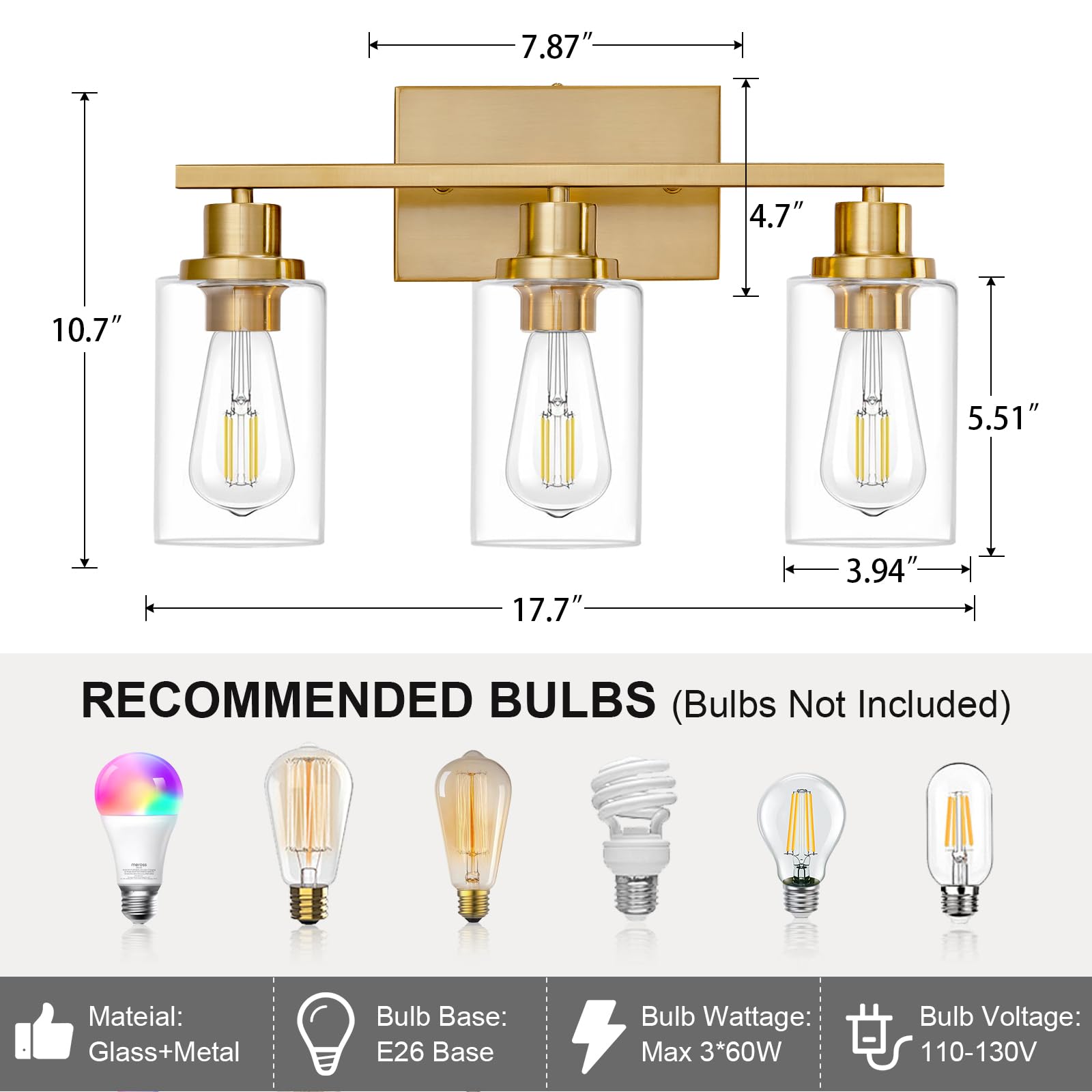 Hccz 3-Light Bathroom Vanity Light Fixture, Brushed Brass, Glass Shade, Model 800-100-1077, Modern Farmhouse Wall Sconce For Home