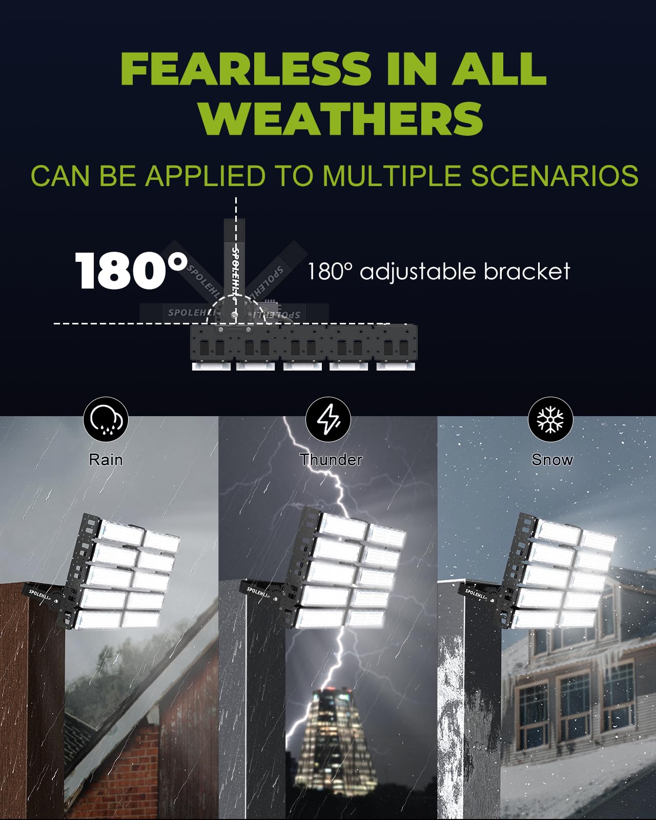 Spolehli 3000W Led Stadium Flood Lights 80000Lm Ip66 Waterproof 6500K Outdoor Lighting