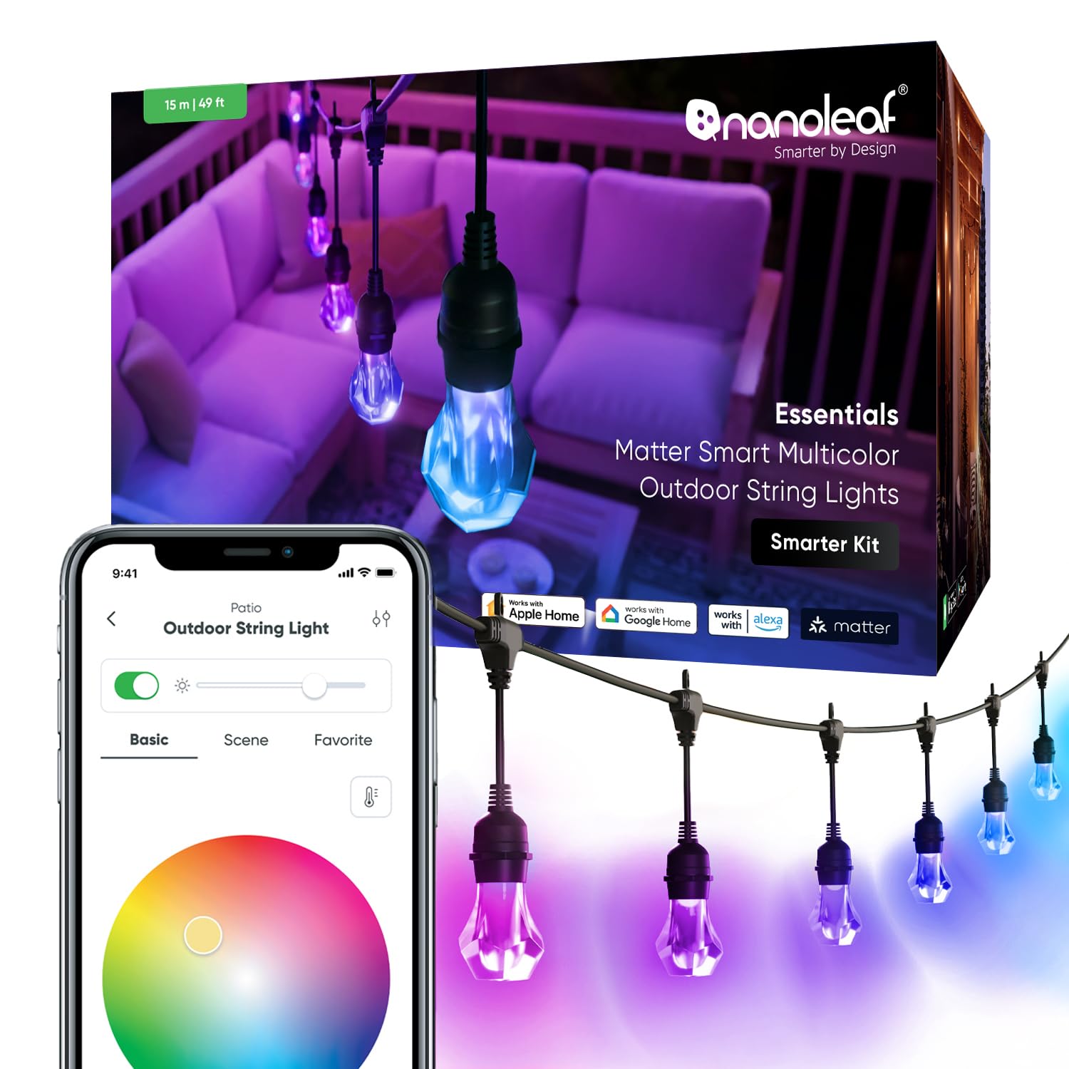 Nanoleaf Essentials Smart Outdoor String Lights, 49ft (20 Bulbs), Multicolor RGBICW, IP65 Water Resistant, Wi-Fi + Bluetooth, Model NF084K03-20S