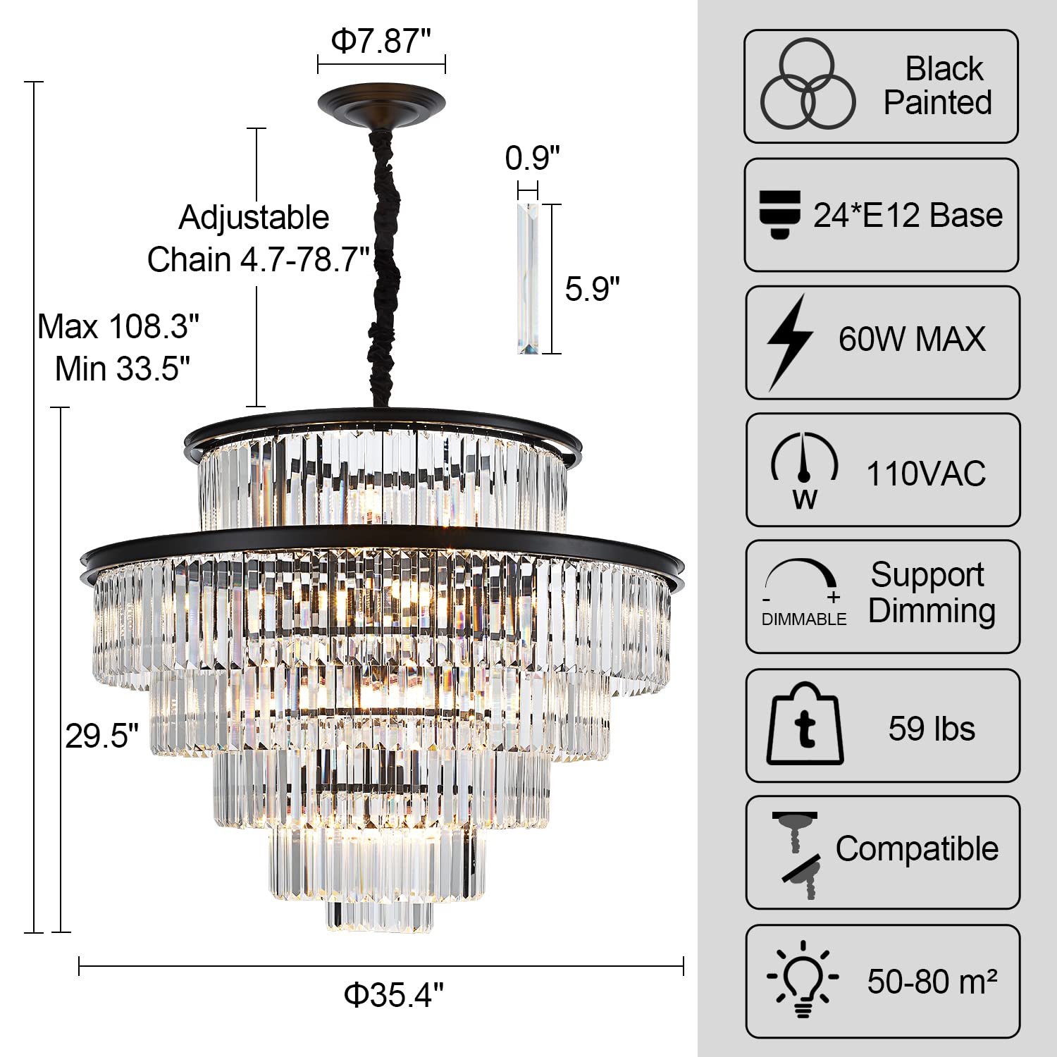 lighceac 35" 24-Light Modern Crystal Chandelier, Black Metal, 6-Tier Pendant Lighting for Dining Room, Living Room, Kitchen
