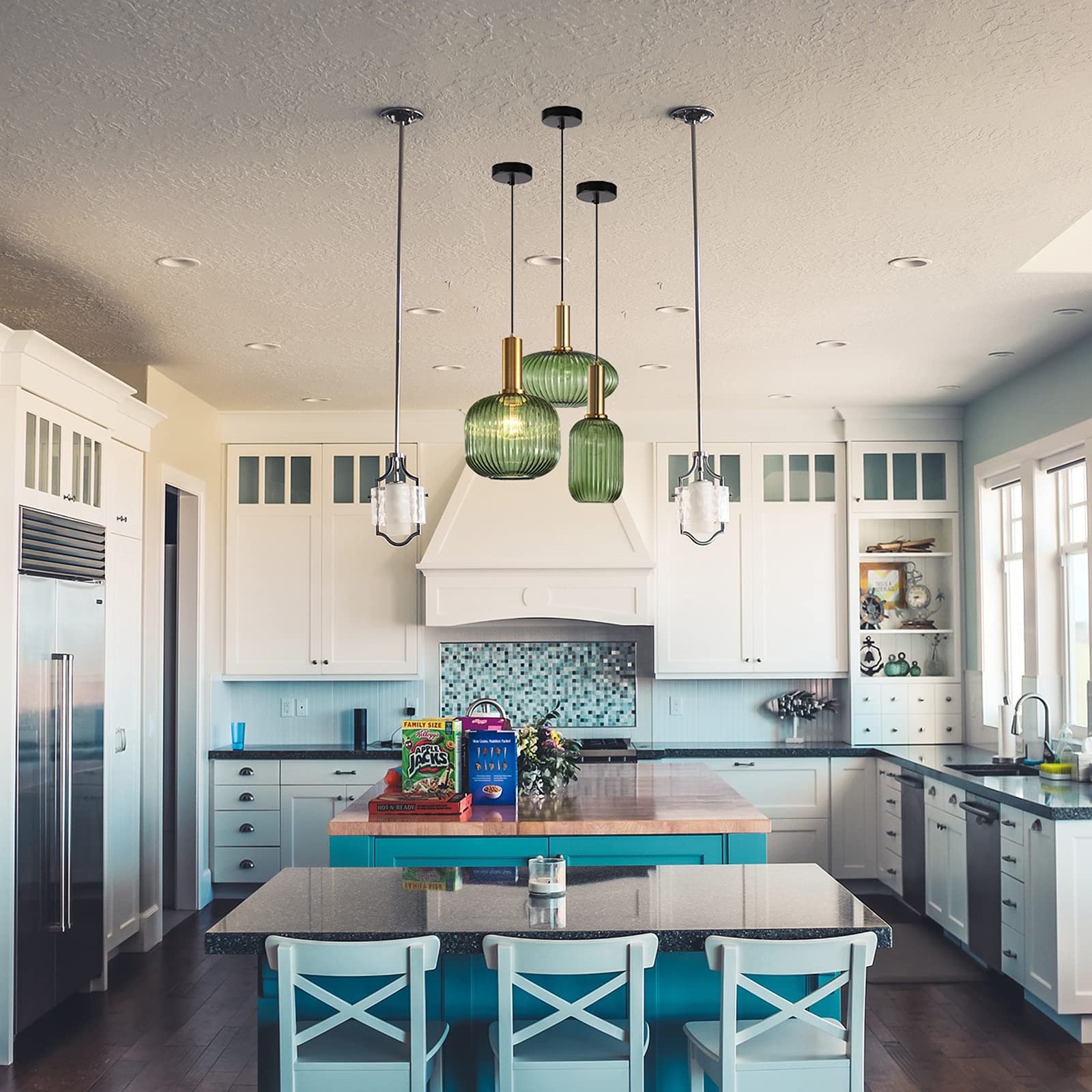 I-Xun Green Modern Pendant Light, 11.81'' Striped Glass Fixture For Kitchen & Dining Room