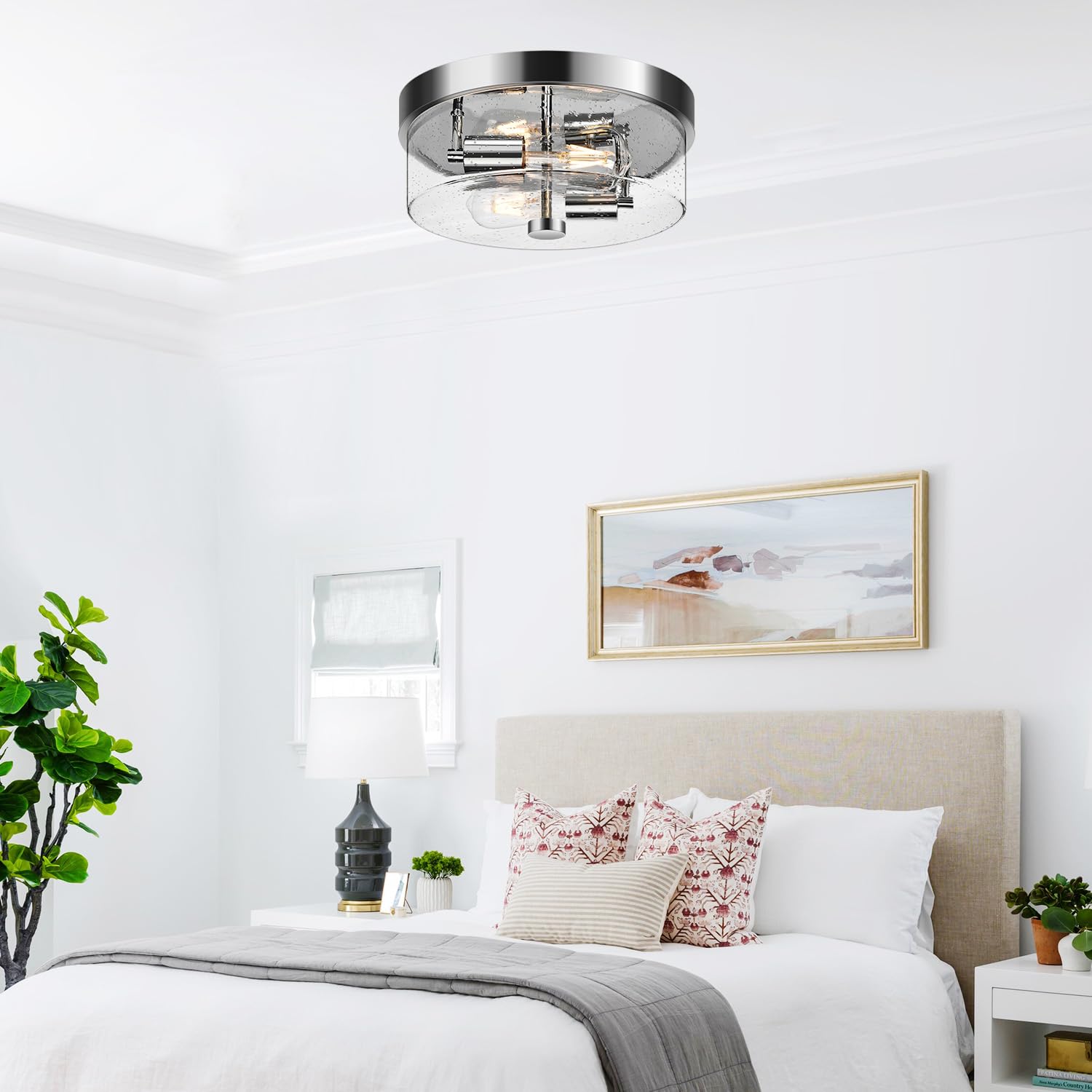 Flush Mount Ceiling Light Fixtures, 2-Light Chrome Ceiling Mount For Farmhouse With Seeded Glass Lampshade, Industrial Hall Flus