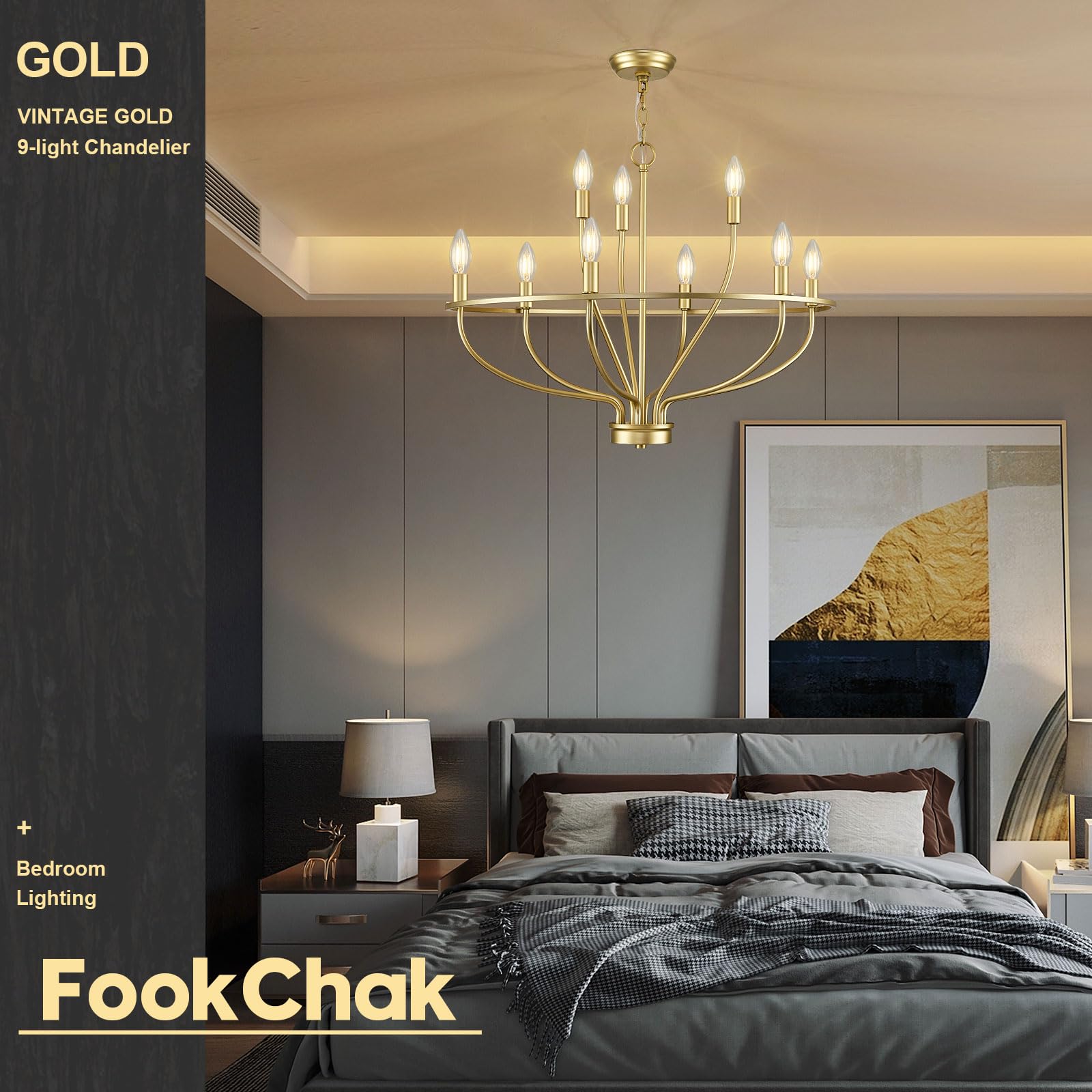 FookChak 9-Light Gold Metal Candle Chandelier, 28.54in, Vintage Design for Dining Room, Foyer, Kitchen Island, Bedroom