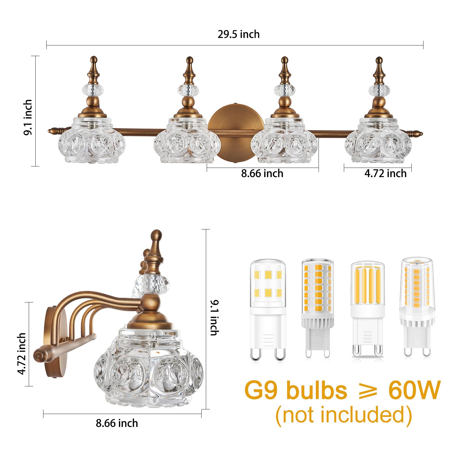 ZILANL Vintage Bathroom Vanity Light Fixture, 4-Light, Crystal Glass, Matte Brushed Antique Brass, Model MJ-W885-4