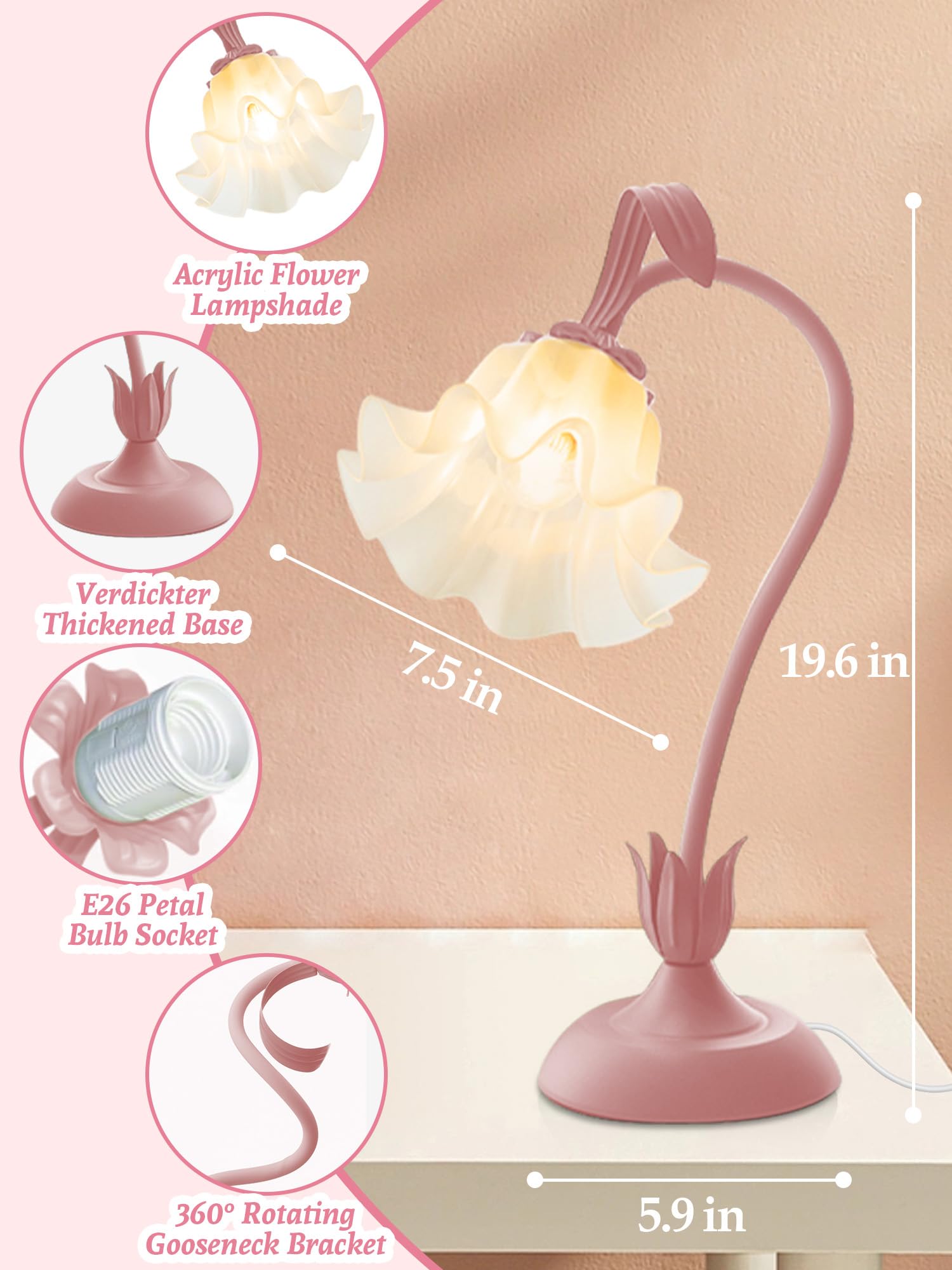 WULCFCH Vintage Flower Table Lamp - Pink LED Bedside Light, 3 Color Modes, Model huadeng-1, Perfect for Bedroom & Living Room Decor