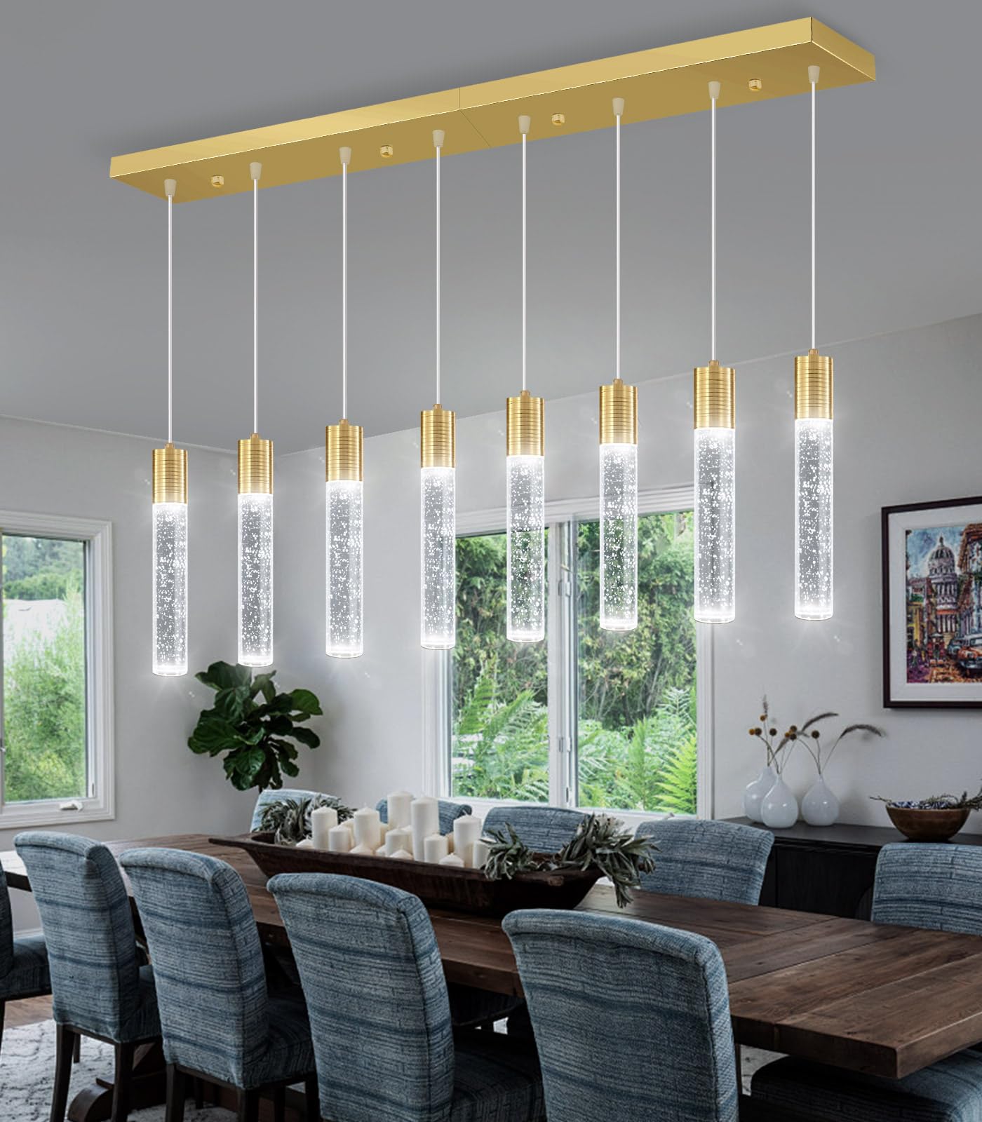 dolria 8-Lights Modern Crystal Chandelier - Metal LED Pendant Light for Kitchen, Dining Room, Hallway - Gold Finish, Model PC0019-CT-8G