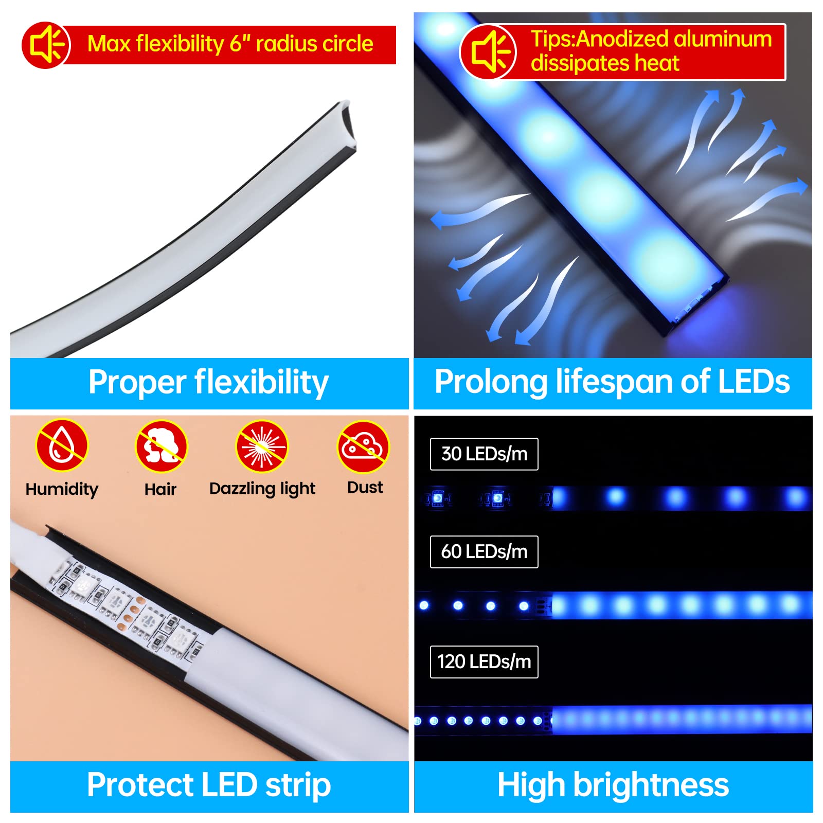 Muzata 6Pack 3.3Ft/1M Bendable Black Led Channel Flexible Aluminum Led Diffuser Channel With Milky White Cover U106 Bw 1M