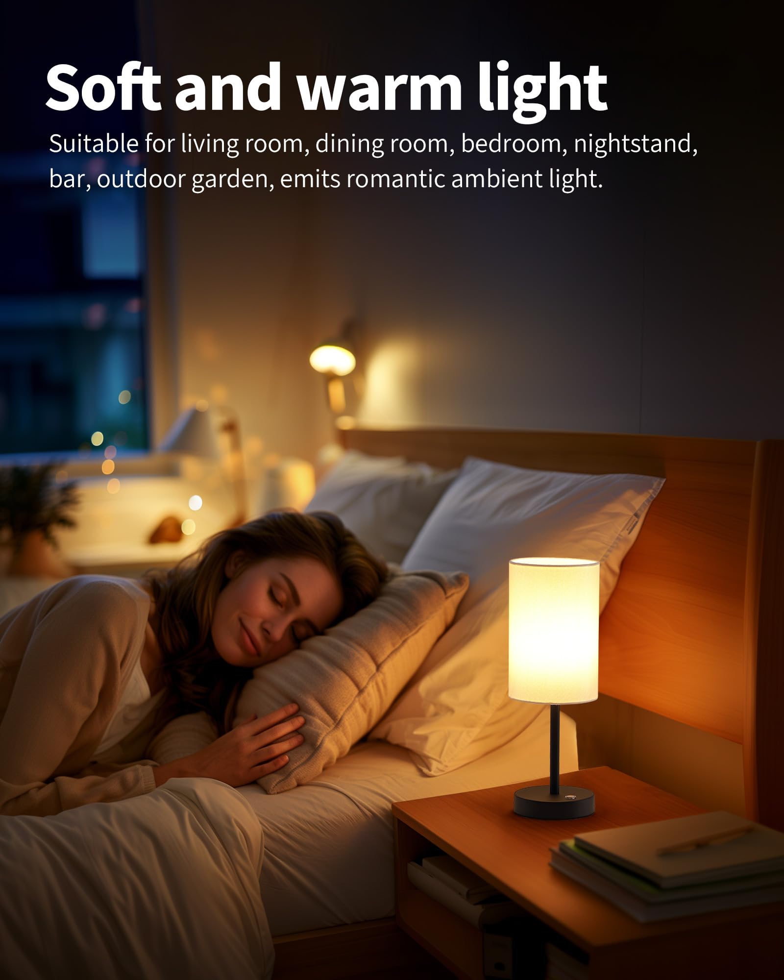 KDG Cordless Table Lamp, 3 Brightness Levels, 5x5x14.6 inches, Black + Beige Lampshade, Model AMZ-TBL-025-2-BY